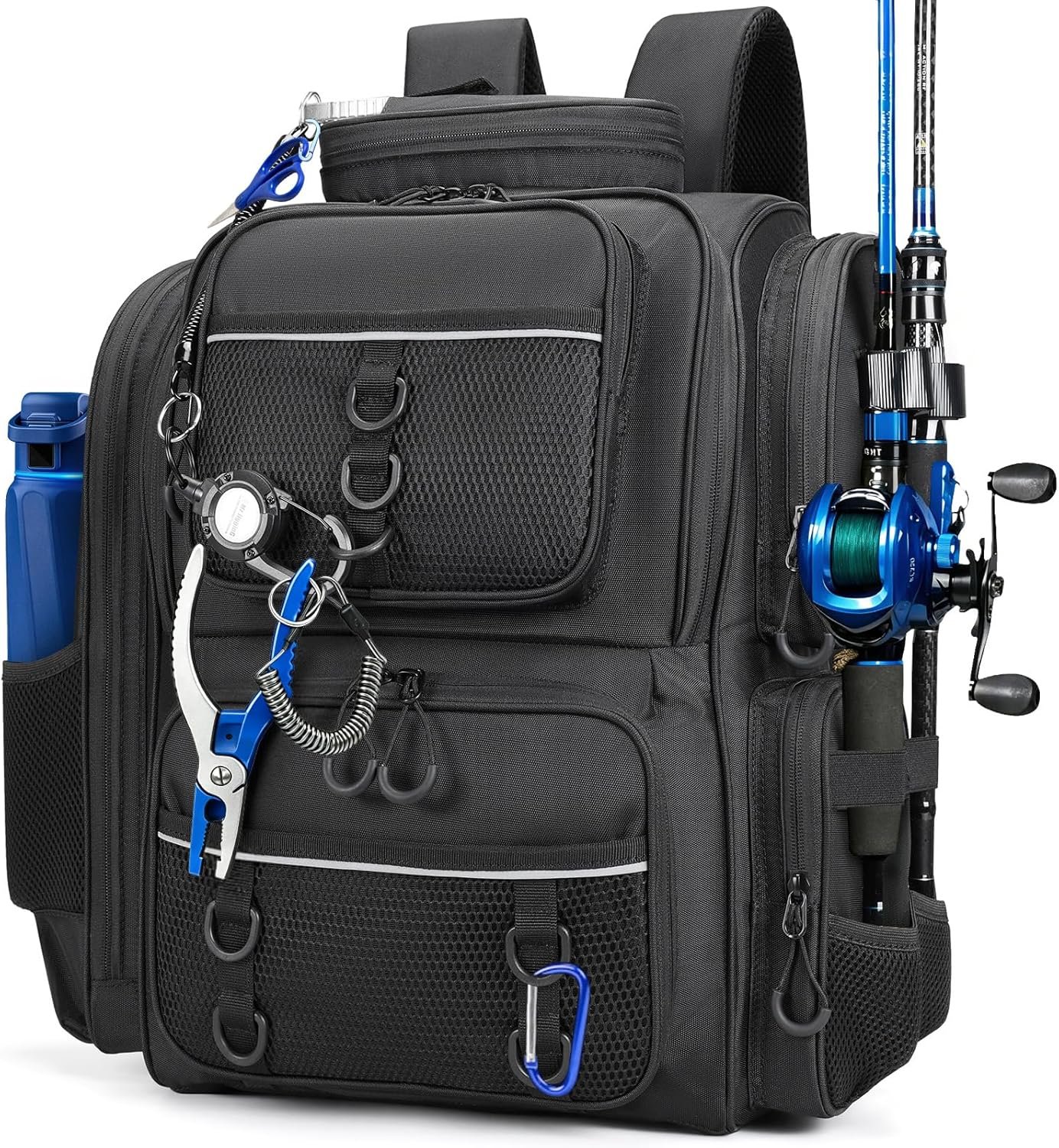 WANOON Waterproof Fishing Backpack with 2 Rod Holders, Fits Tackle Boxes | 42L Large Capacity Black Fishing Bag, Multiple Pockets for Organized Storage, Ideal for Outdoor Fishing