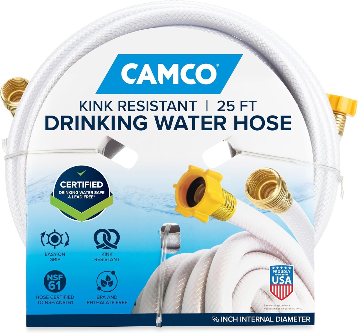Camco TastePURE 25-Ft Water Hose – RV Drinking Water Hose Contains No Lead, No BPA & No Phthalate – Features Diamond-Hatch Reinforced PVC Design – 5/8” Inside Diameter, Made in the USA (22783)
