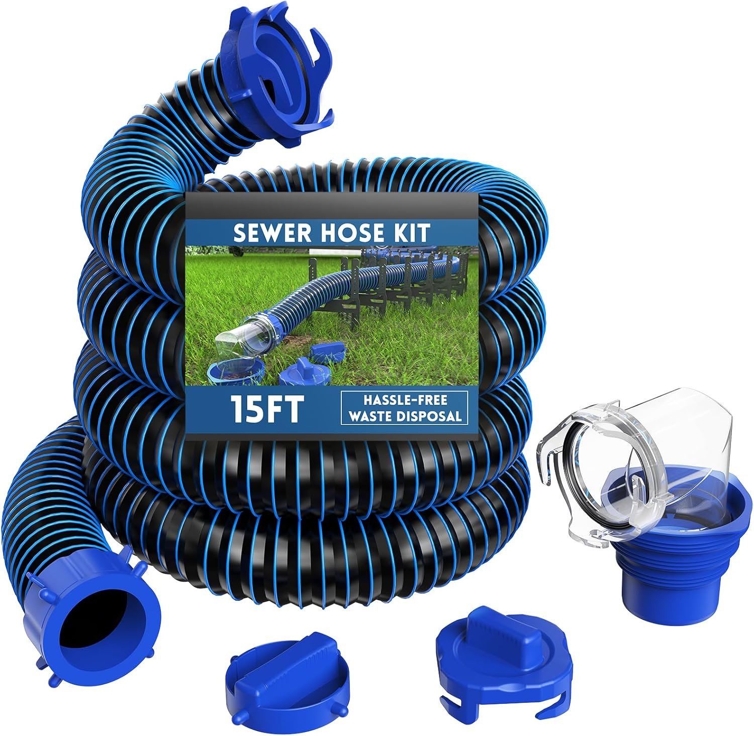 DUMPMAN RV Sewer Hose Kit, 15 Ft Sewage Hose | Septic Hose with Swivel Fitting, Clear Sewer Hose Elbow, 2 Storage Caps, for RV/Camper