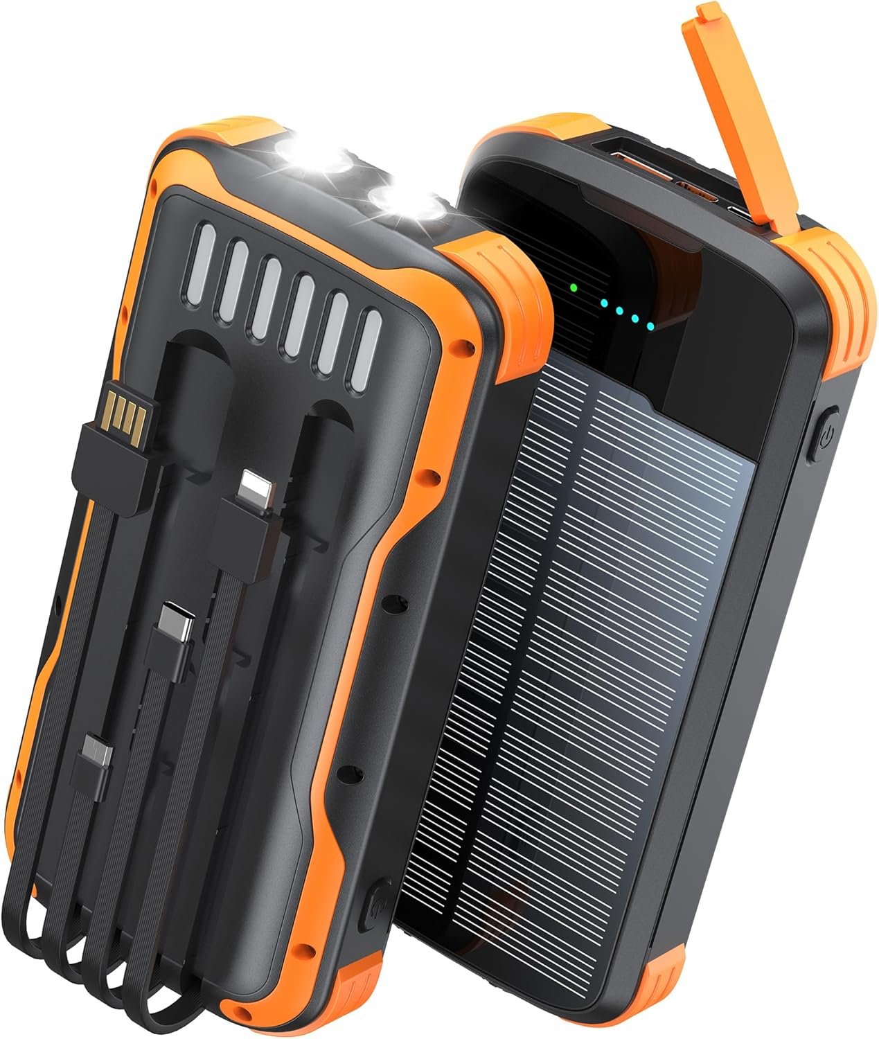 Solar Charger Power Bank, PD 20W Fast Charging External Batter, 40000mAh Portable Phone Charger Built in 4 Cables with Dual Bright Flashlights for Camping, Hiking, and Outdoor Use
