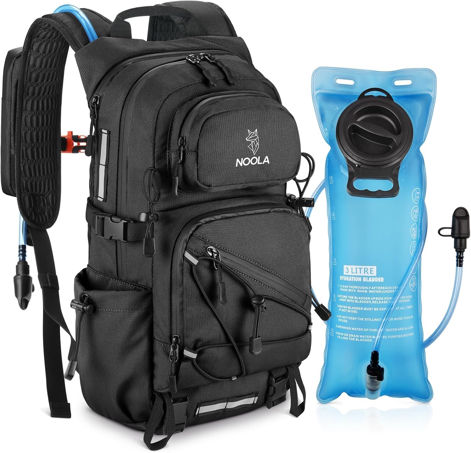 NOOLA Hydration Backpack with 3L Water Bladder – 25L Water Backpack for Hiking, Cycling, Running, Biking – Lightweight Hiking Pack Bag with Rain Cover, Phone Holder and Trekking Pole Holders, Black