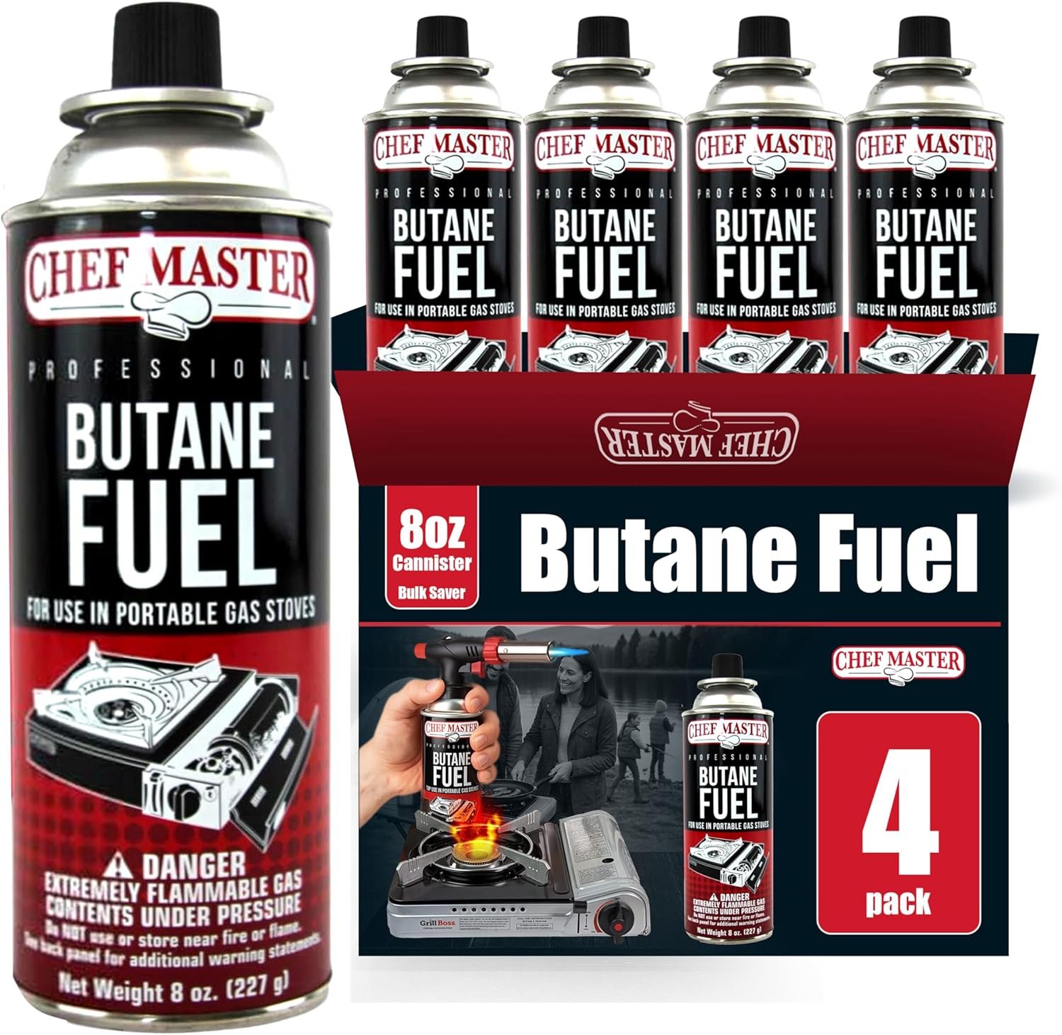 Chef Master 4x 8oz Butane Fuel Canister – Butane Refill for Kitchen Torch & Camp Stove – Gas Canister for Picnics, Outdoor Cooking, Grilling – Camping Stove, Torch Fuel Camping Essentials – 90340
