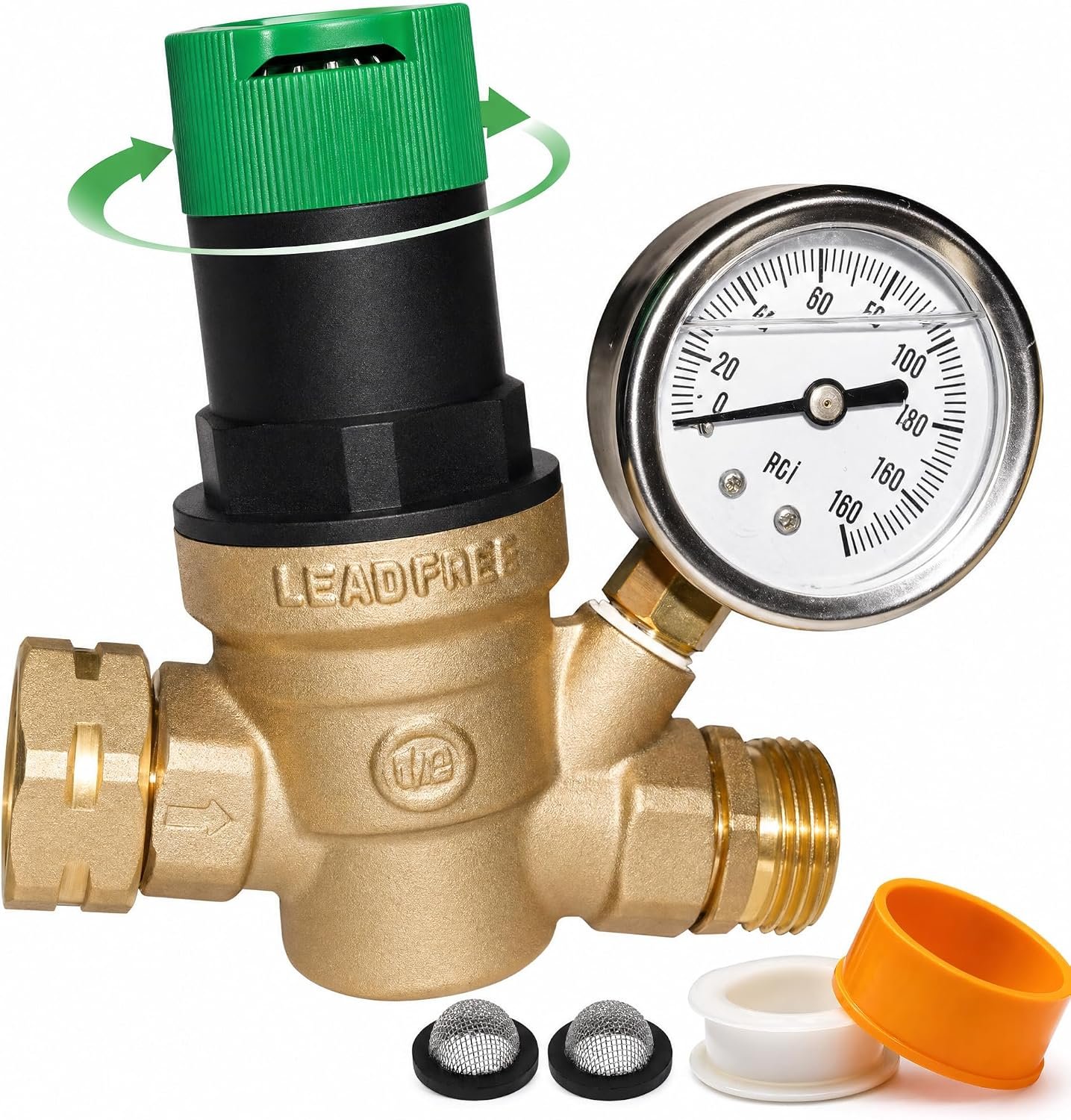 LIULO TOOL RV Water Pressure Regulator, Lead-Free Brass Adjustable Handle Pressure Regulator, Water Pressure Reducer with Gauge and Built-in Mesh Filter for RV Camper Travel Trailer