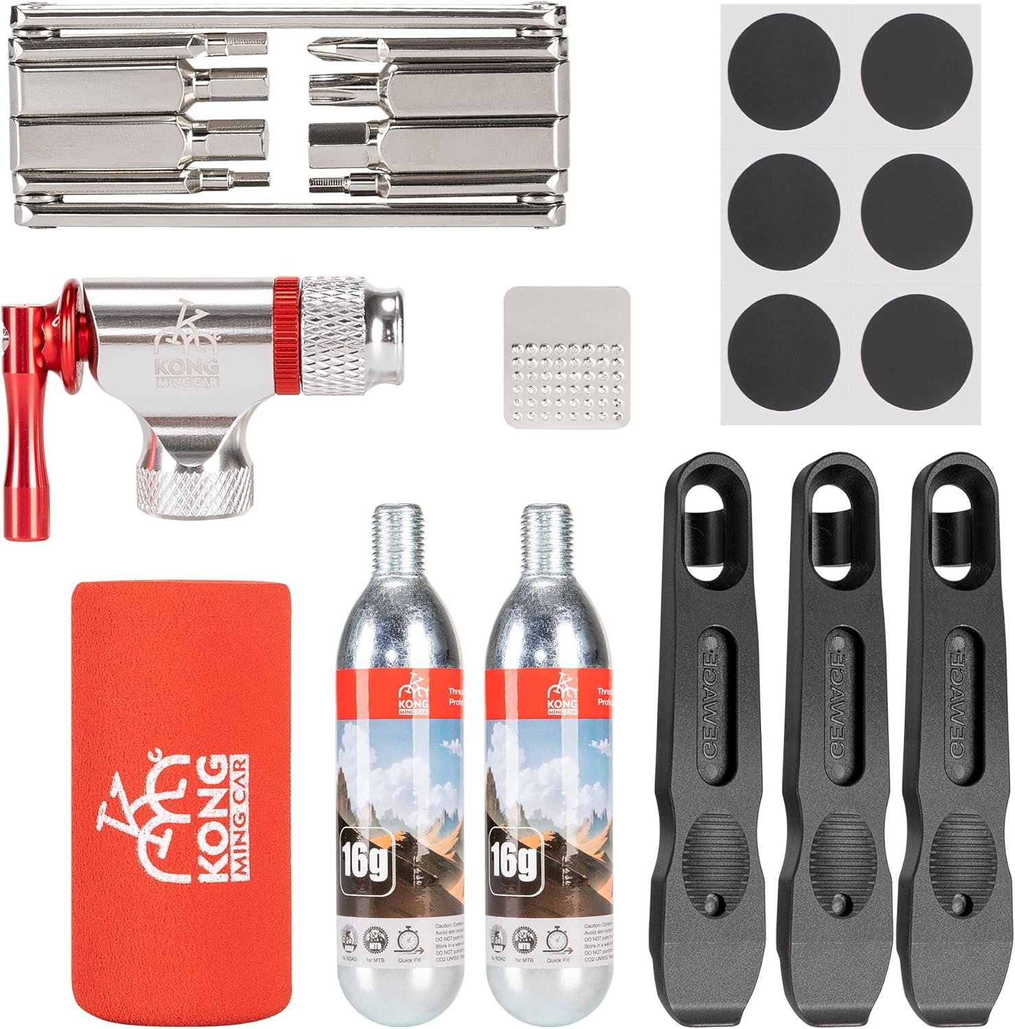 Bike Repair Tool Kit-Co2 Inflator Kits with Co2 Cartridges,8 in 1 Multi Tools, Tire Tube Patches & Tire Levers Included- Bike Maintenance Emergency Repair Tool Kit