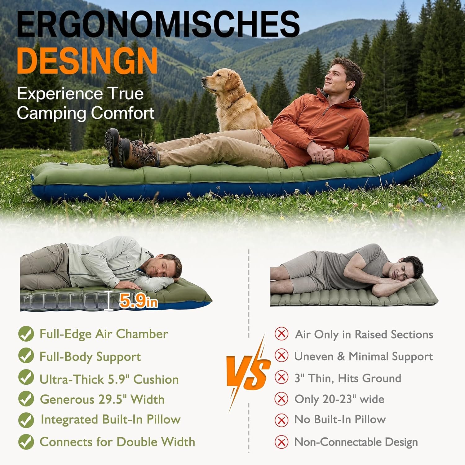 NINTYNINE Camping Sleeping Pad, 5.9″ Extra-Thick Reinforced Camping Mat with Built-in Pillow & Foot Pump, Ultralight Compact Inflating Camping Air Mattress for Backpacking Hiking Travel Tent Beach