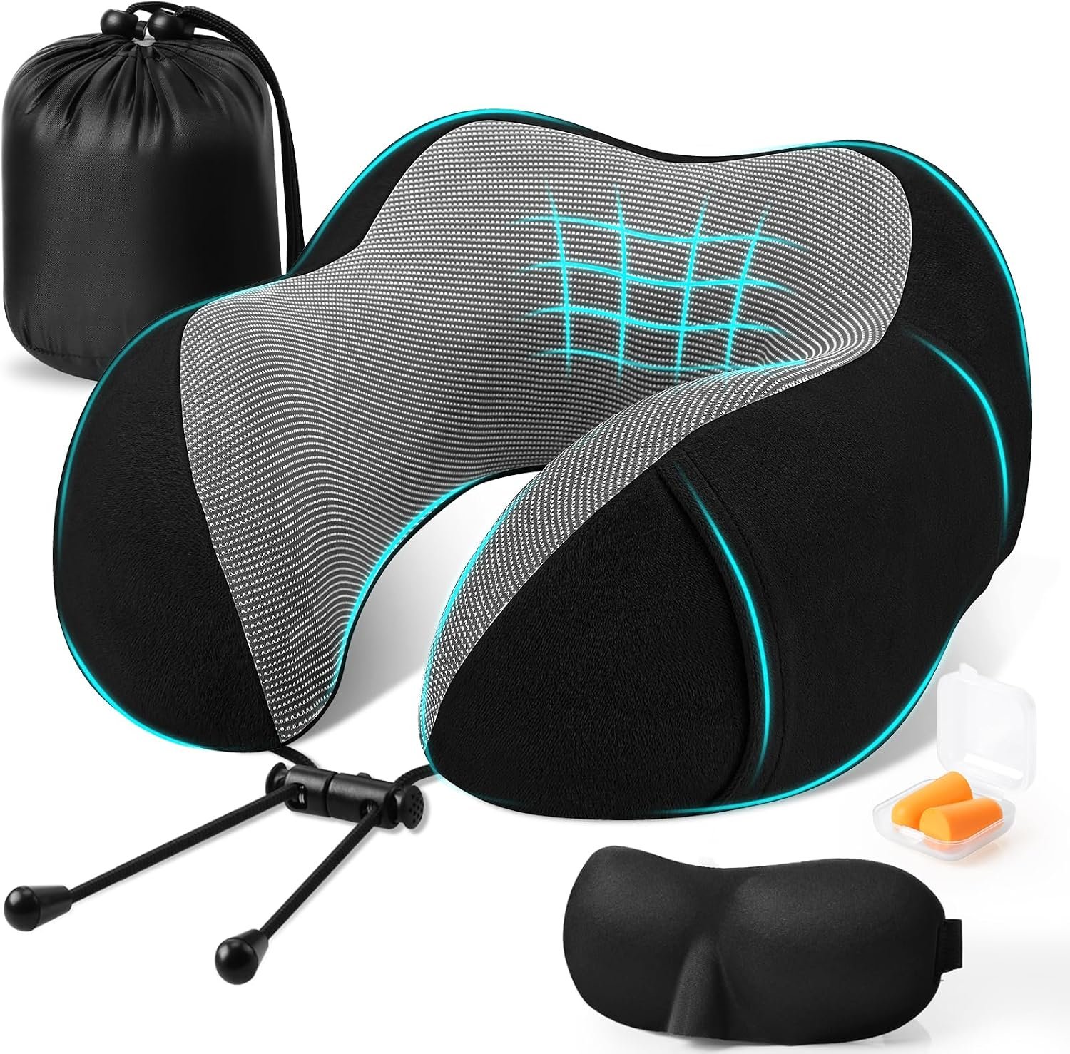 CloudBliss Travel Pillow for Airplane, Memory Foam Neck Pillow for Travel, Compact Flight Pillow with Eye Mask, Earplugs, Carry Bag, Travel Neck Pillow for Long Flight Sleep, Plane Accessories, Black