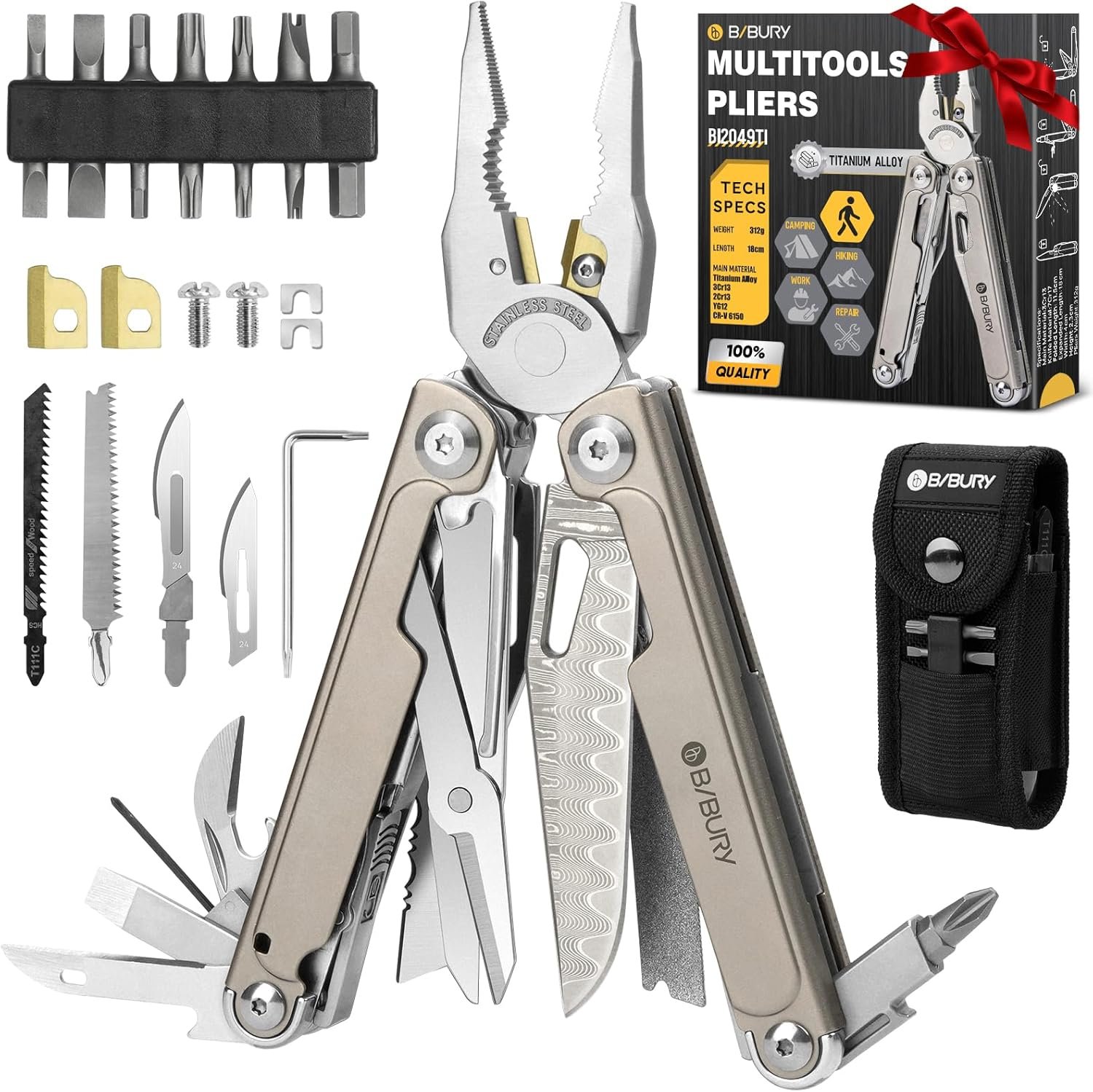 BIBURY Titanium Alloy Multitool with Damascus Knife, EDC Multi tools with Replaceable Wire Cutters, Scissors, Screwdriver Bits, Titanium Handle Multi-Tool for Camping, Survival, Repair – BI2049TI