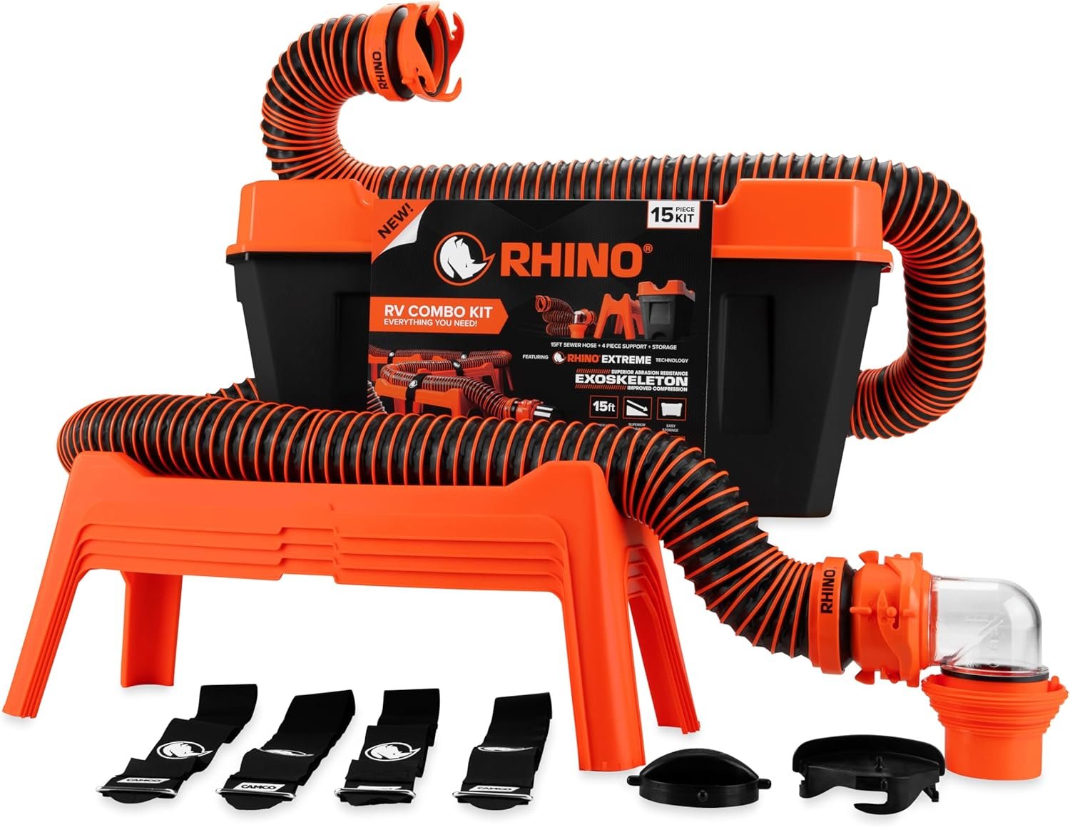 Camco RhinoEXTREME 15′ Combo RV Sewer Hose Kit – All-in-One Sewer Hose Solution – 12-Piece Combo Kit Includes Storage Box for Nesting Support & Camper Organization (43076)