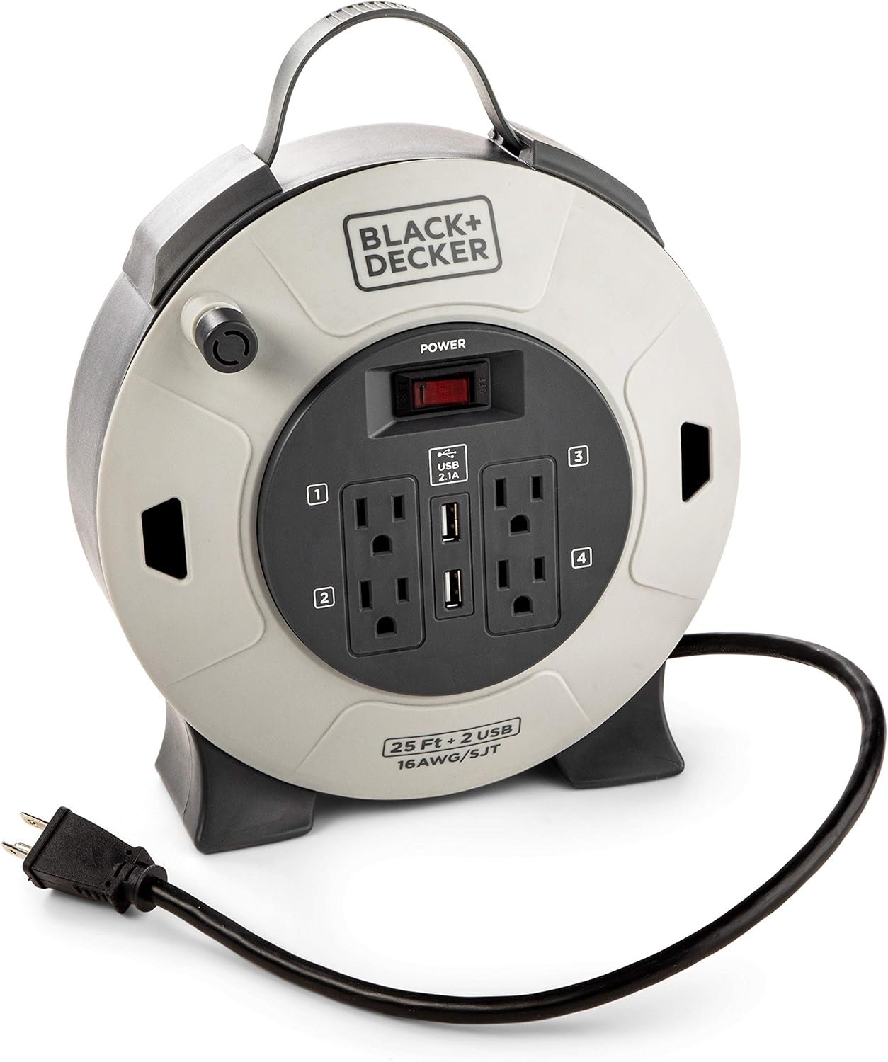 BLACK+DECKER 25 Ft. Retractable Extension Cord Reel with 4 Outlets, 2 USB Ports, Multi-Plug Extension, On/Off Switch & Heavy-Duty 16AWG SJT Cable
