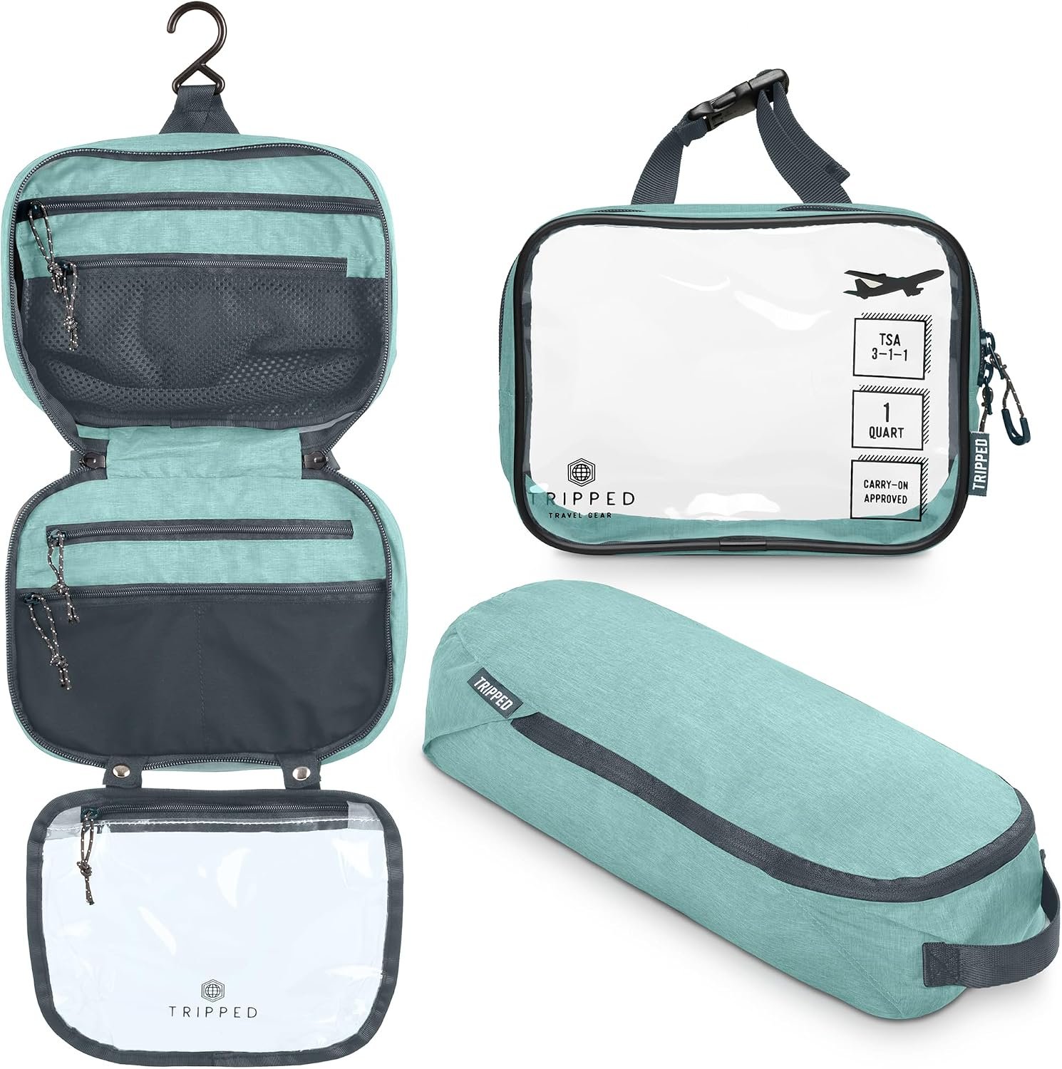 Toiletry Bag Kit 3 Piece Set: Hanging Travel Toiletry Bag + 311 TSA Cosmetic Liquid Bag + Accessory Organizer Pouch
