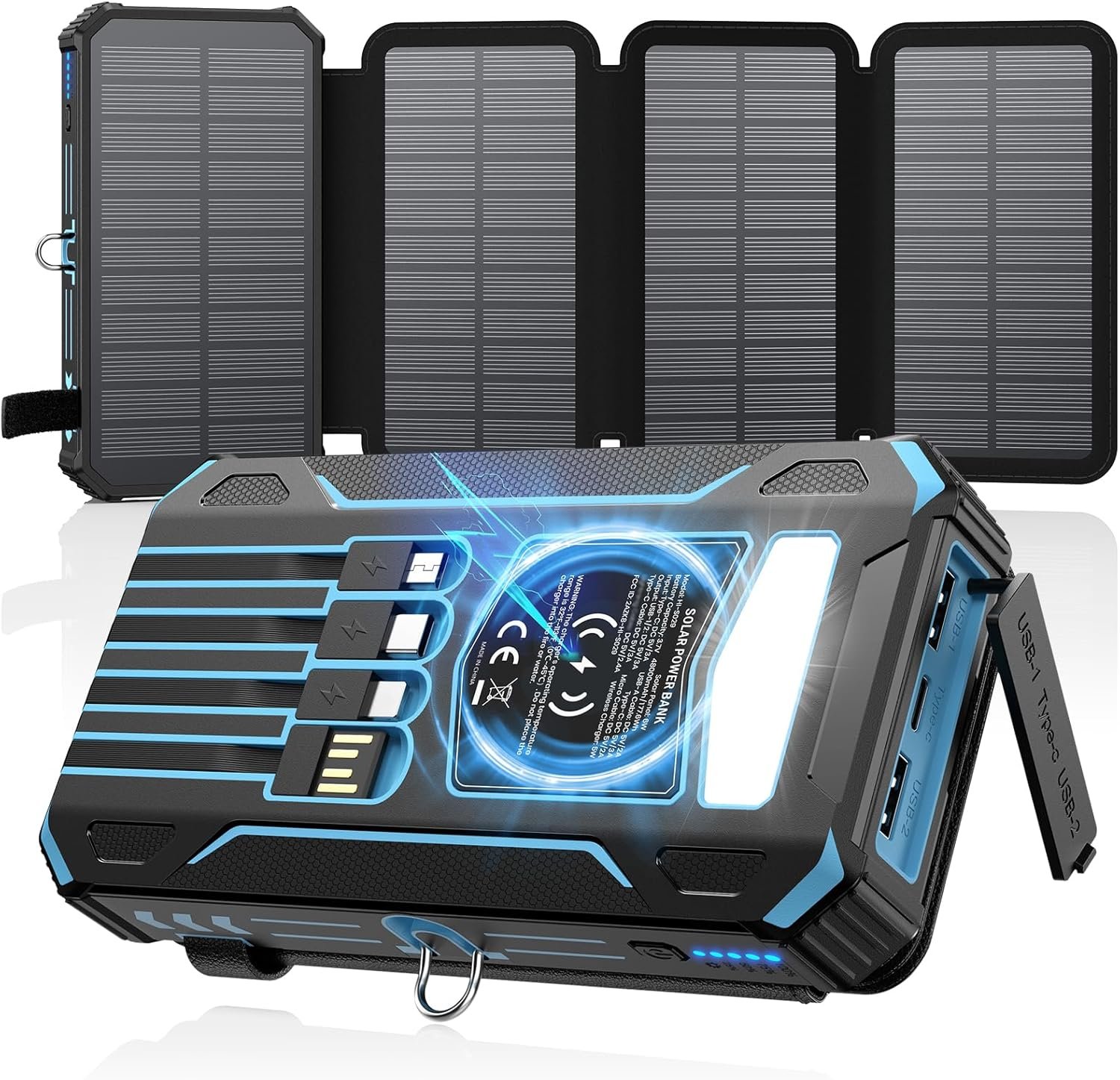 SOARAISE Solar Charger Power Bank – 48000mAh Wireless Portable Charger Built-in 4 Cables and 4 Solar Panels, PD QC 3.0 Fast Charging USB C Battery Pack with Flashlight for Camping Travel (Blue)