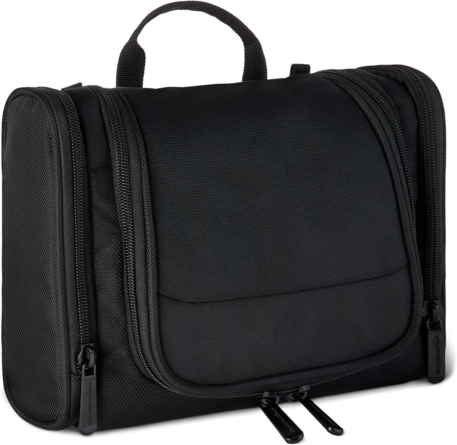 Amazon Essentials Spacious Toiletry Bag, Hanging Cosmetic Dopp Kit with Multiple Compartments, Durable Polyester, Large Capacity Storage, Compact Design, Black (Previously Amazon Basics)