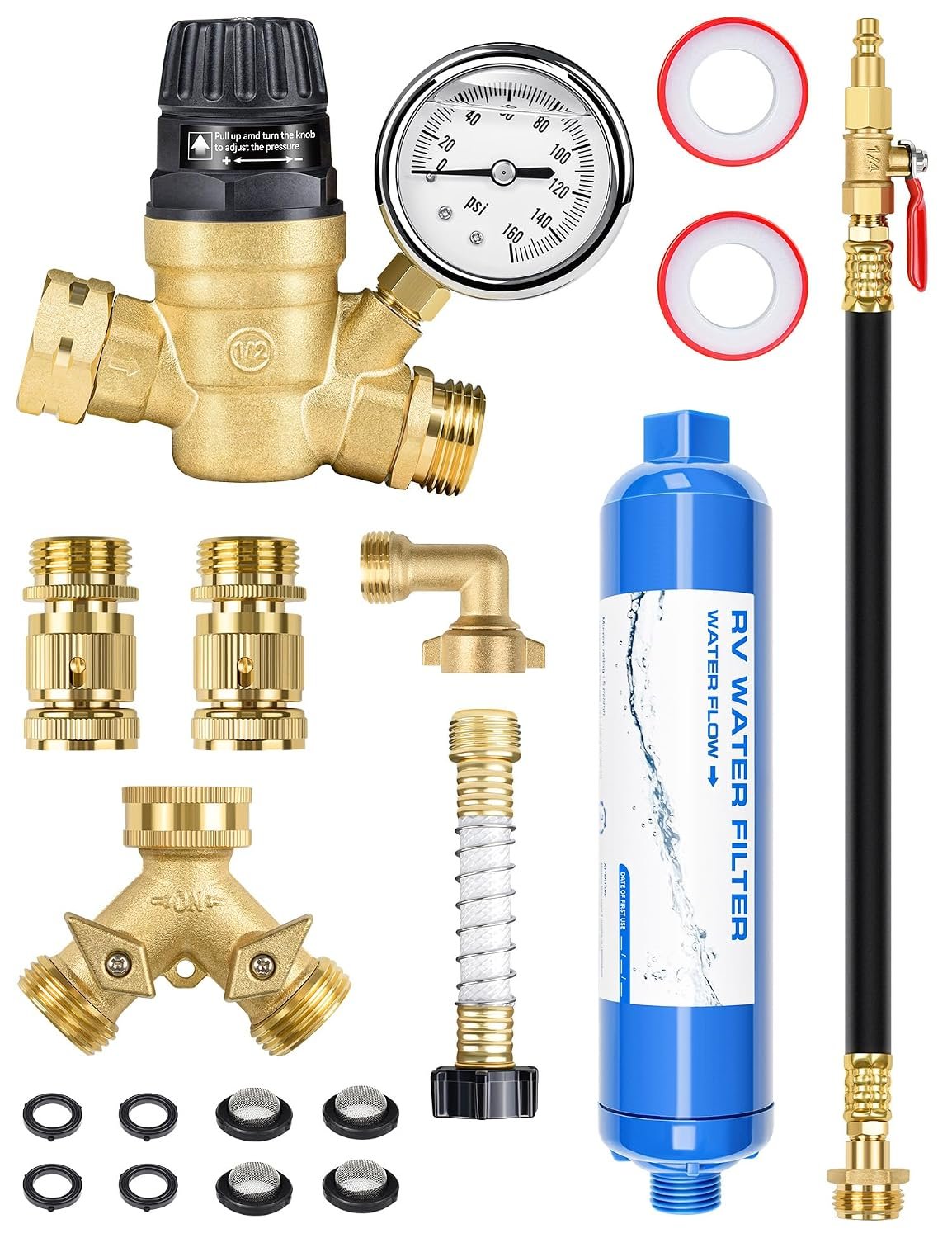 RV Water Pressure Regulator Kit, RV Fresh Water Kit All-in-One Sprinkler Blowout Adapter, Inline Water Filter, Hose Splitter, Brass Elbow, Flexible Connector, Hose Quick Connects, Leak Repair Kit