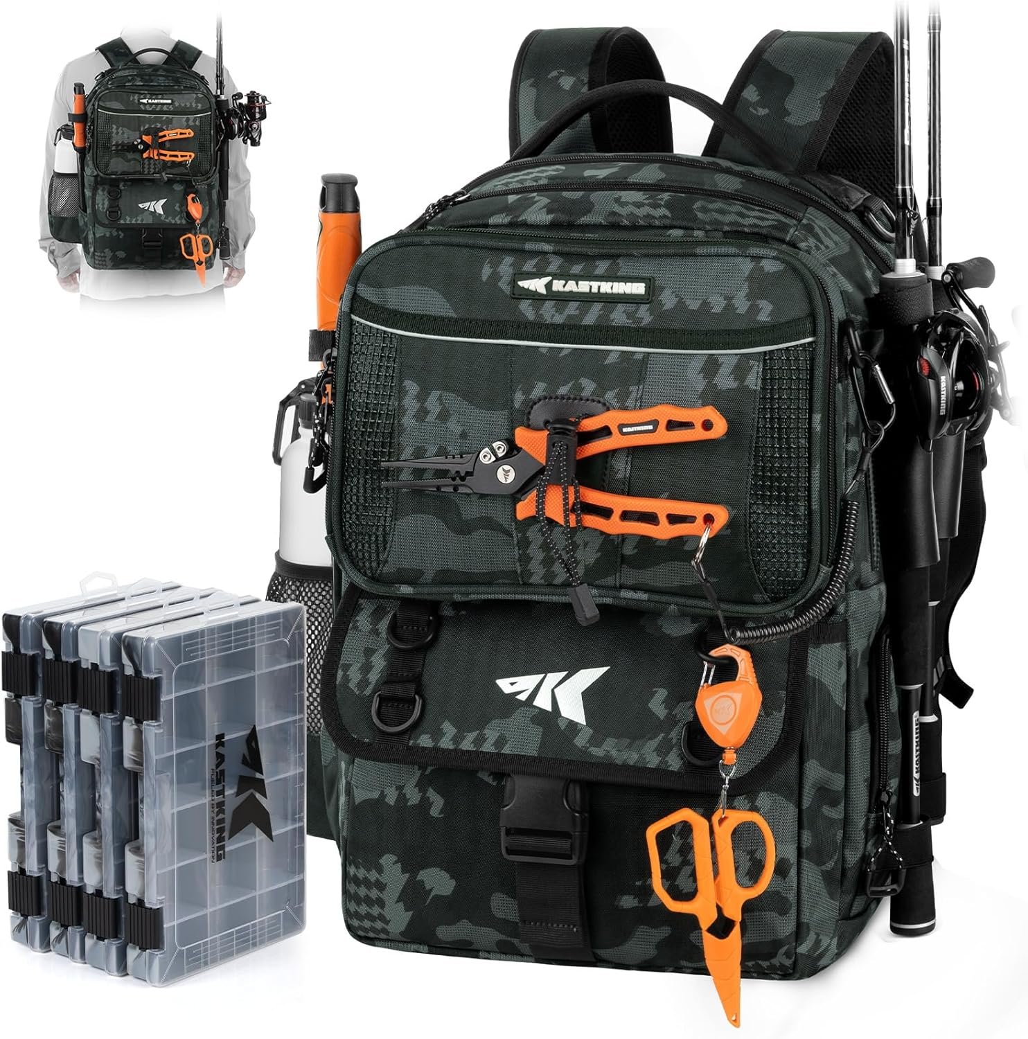 KastKing BaitSpace Fishing Tackle Backpack with Removable Bait Binder,2 Rod Holders Storage Fishing Gear and Equipment