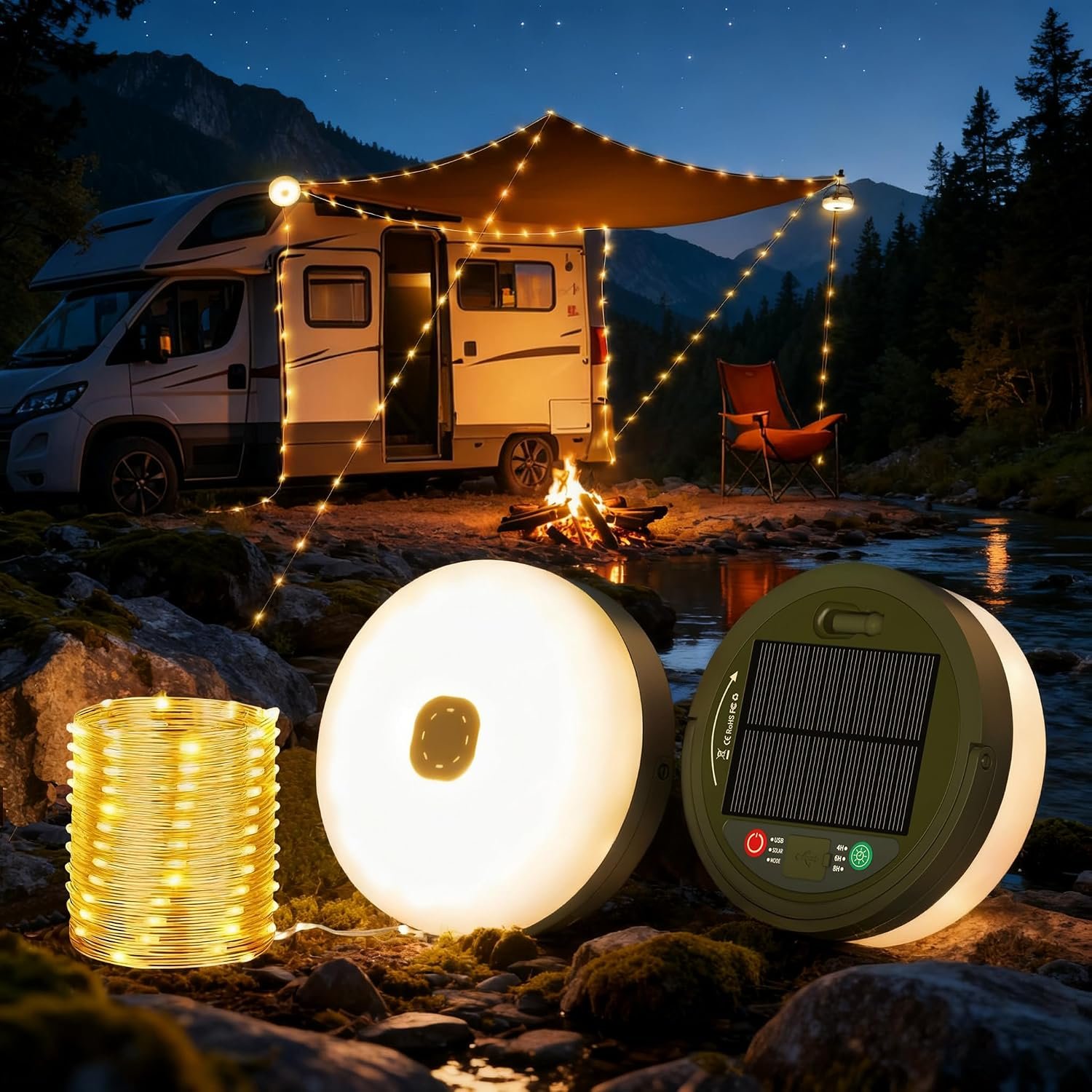 Solar Camping String Lights, 33FT 3000mAh Retractable 4 in 1 Camp Lights with 8 Modes, Portable Rechargeable Camp Lamp, Camping Lamp Outdoor Waterproof, Tent Light for Party, RV, Hiking