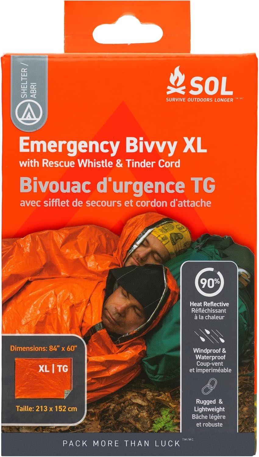 SOL Emergency Bivvy XL w/Rescue Whistle – Reflects up to 90% Body Heat – Waterproof Emergency Blanket for Survival Gear – 84″ x 60″ – 5.8 oz – Orange