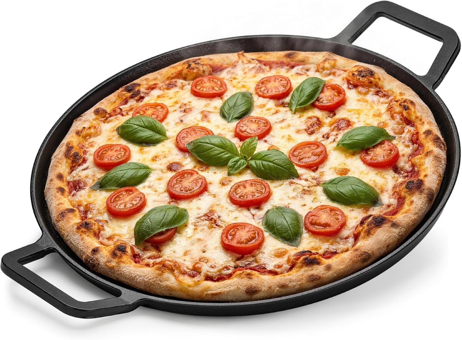 onlyfire 14″ Cast Iron Pizza Baking Pan with Loop Handles, Non-Stick Round Fajita Skillet Griddle Pan for Pizza Oven, Grill, Stovetop & Campfire, Heavy-Duty Sizzling Plate for Steak, Fish, Veggies
