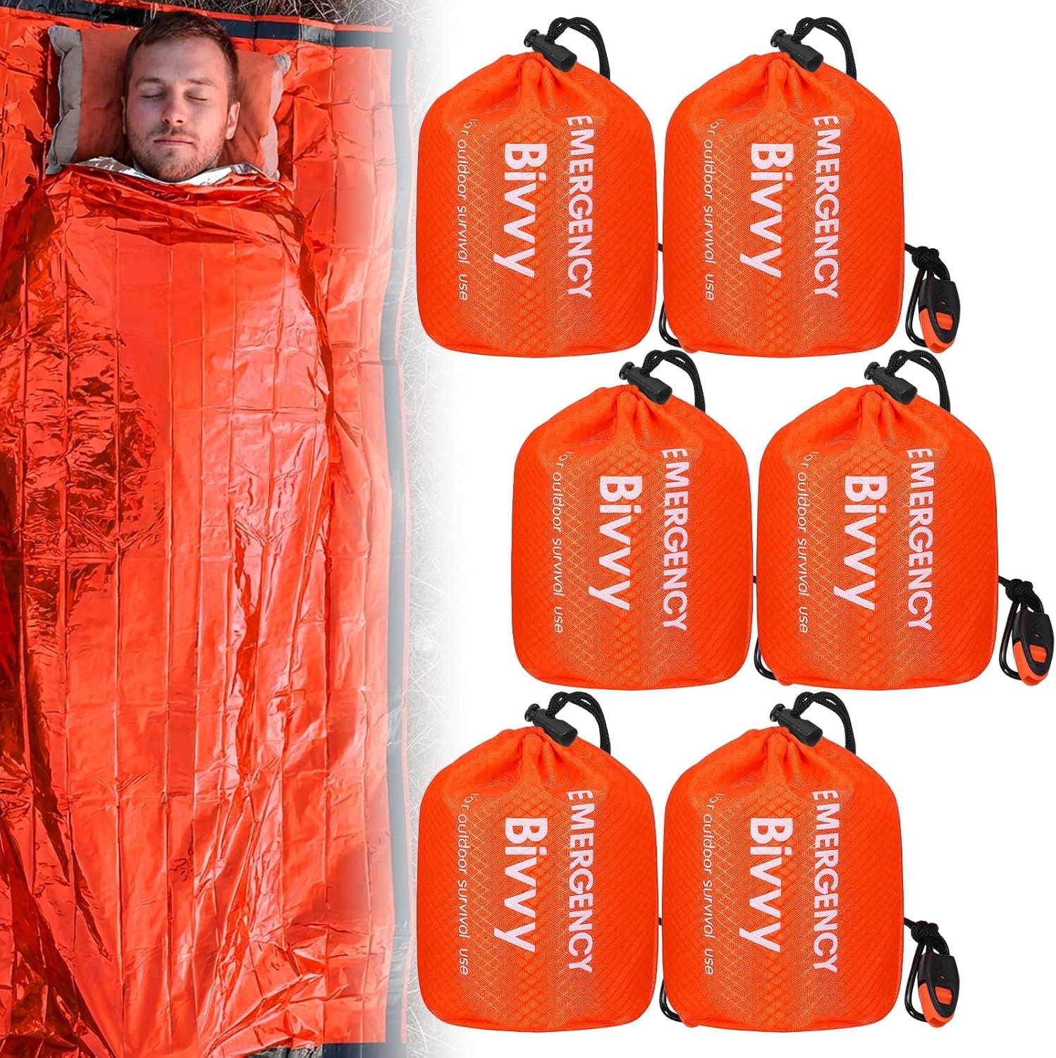 6 Pack Emergency Survival Sleeping Bags, Orange Thermal Bivy Sack Blanket, Lightweight Portable Waterproof Aluminized Space Blanket with Whistle, for Camping Hiking Outdoor Adventure