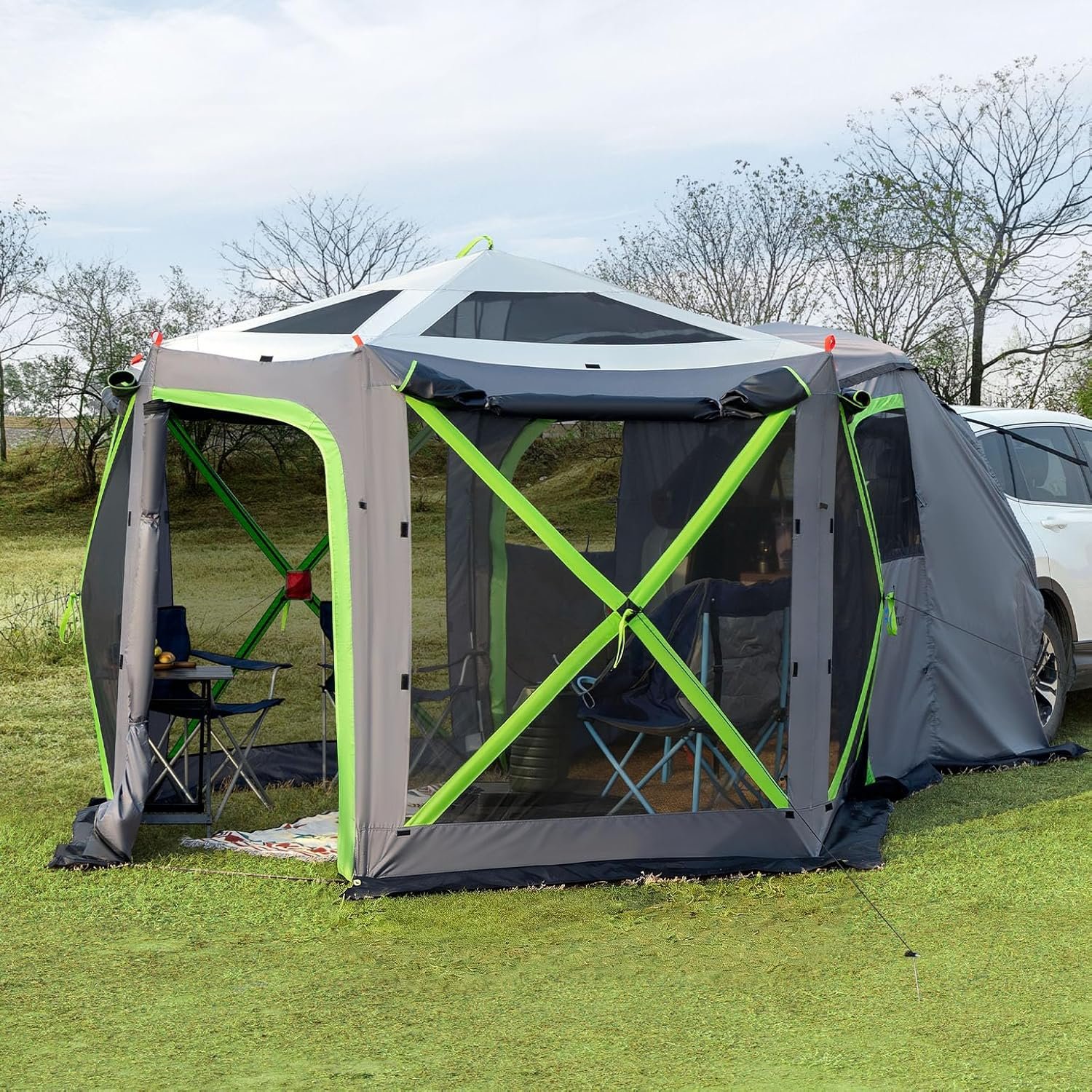 JOYTUTUS Dual-Use Pop up SUV Tent for Camping, 10FT x 10.5FT Big Space 2 Rooms Car Tent for Family, Outdoor Gazebo with 4 Sides Screen, 2 Doors, Portable Carry Bag, Gray Green