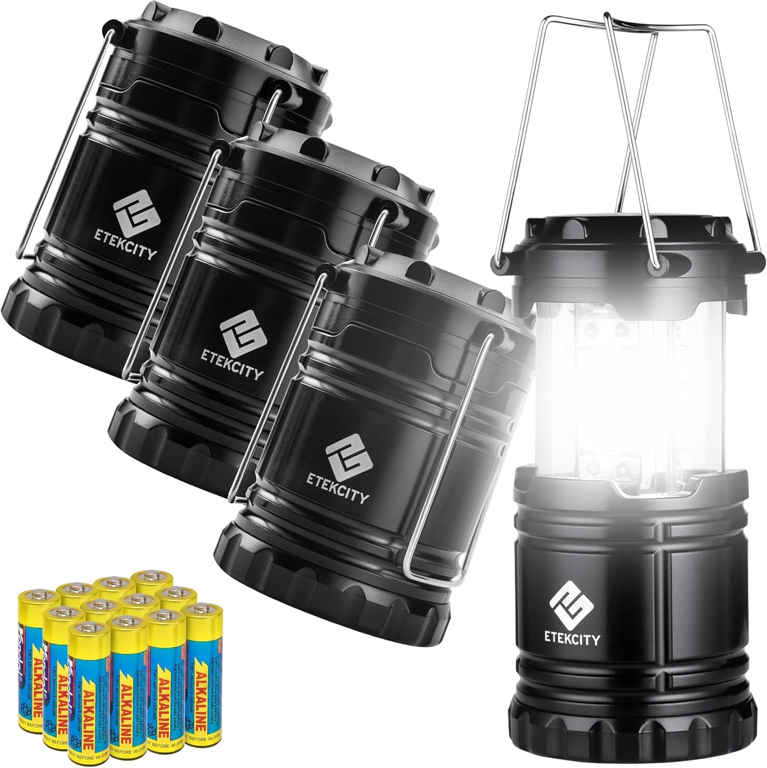 Etekcity Camping Lanterns for Power Outages 4 Pack, Flashlight for Camping Essentials, Survival Kit and Gear, Hurricane Preparedness Items, Emergency Led Battery Operated Lights, Black