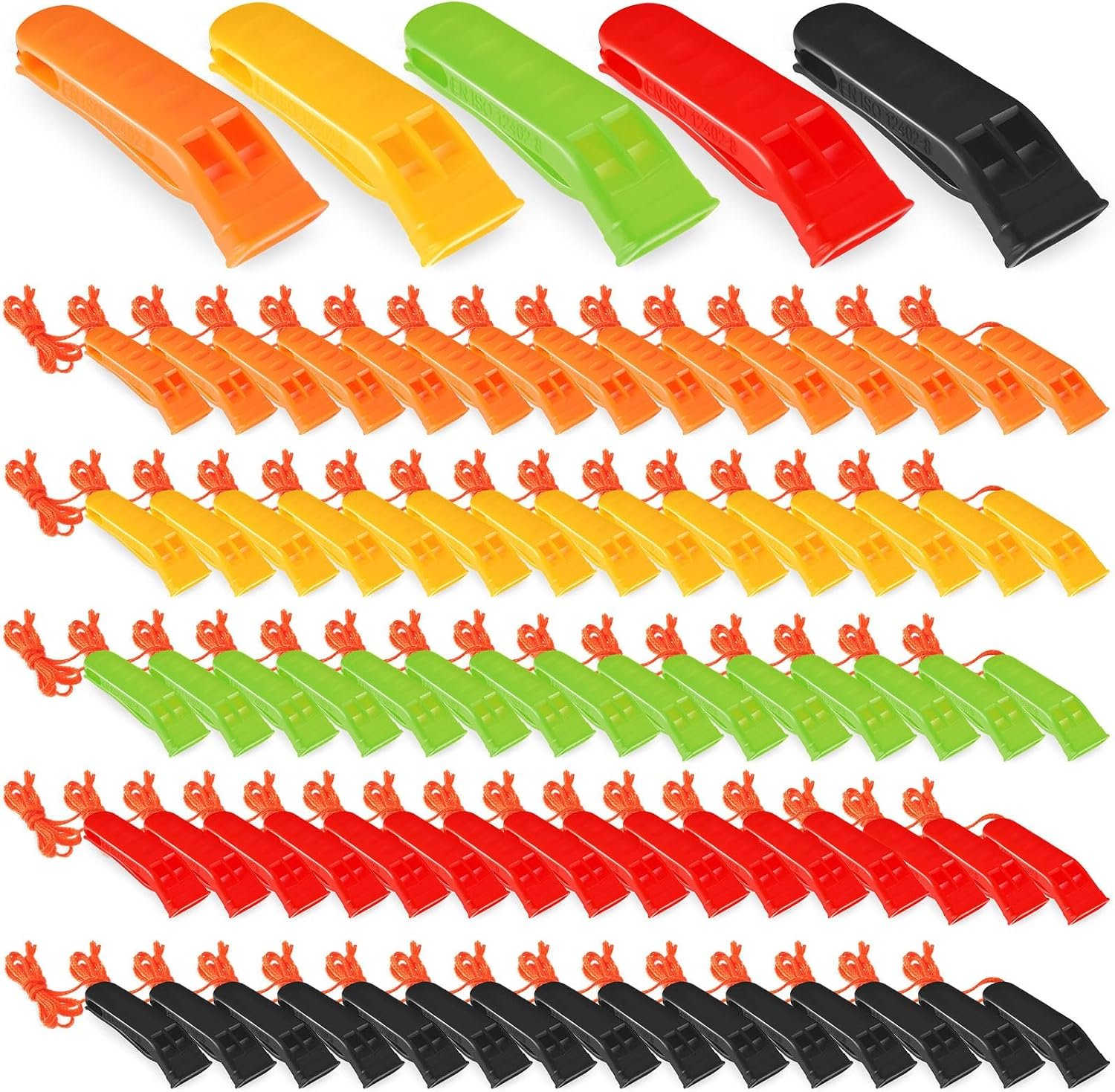 100 Pieces Emergency Whistles with Lanyard Safety Survival Whistles Loud Blast for Safety Camping Hiking Boating Hunting Survival Rescue Signaling