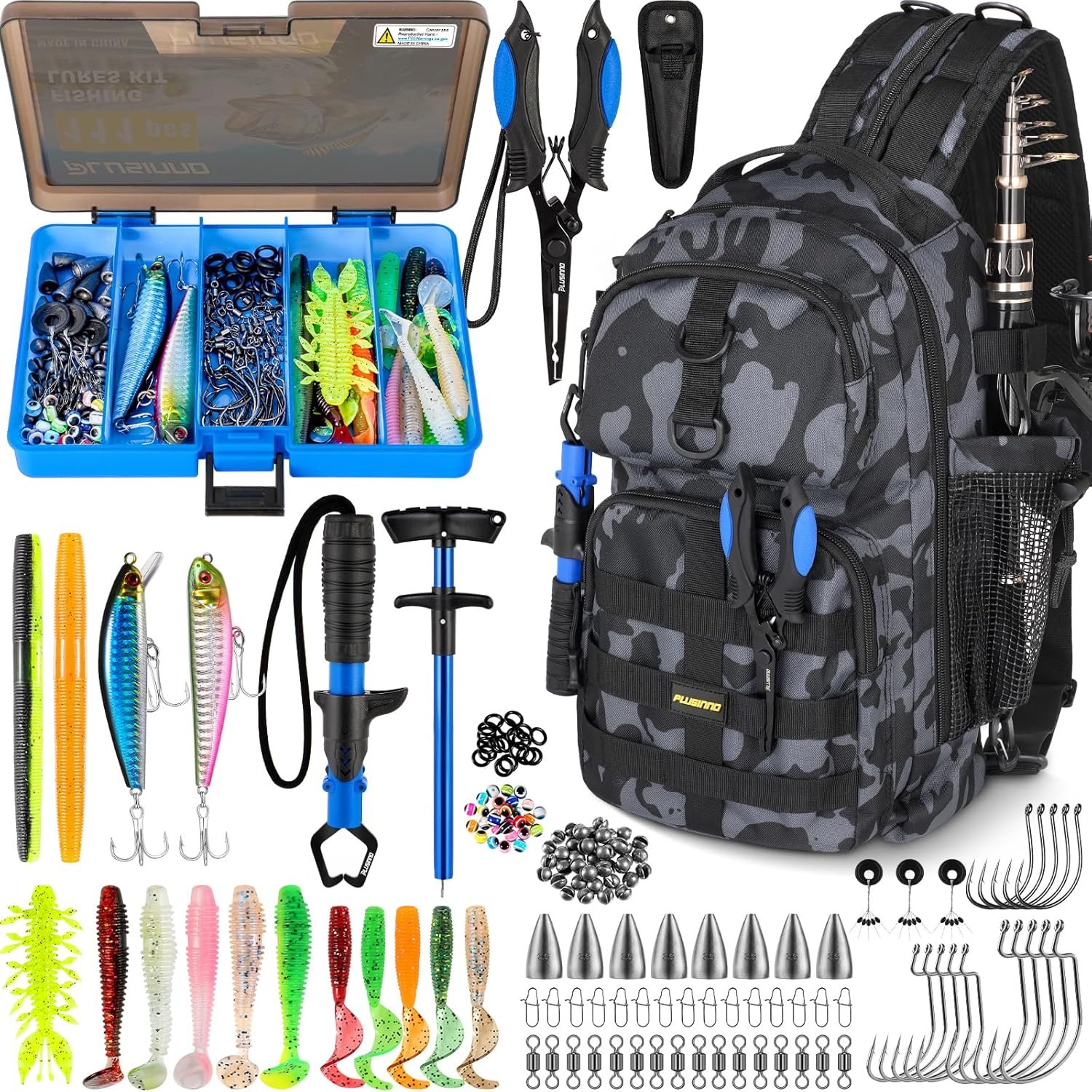 PLUSINNO Fishing Backpack with Tackle Boxes, Waterproof Fishing Sling Tackle Bag For Fishing Gear With Rod Holder, Fishing Gifts for Men With Fishing lures, Fishing pliers.