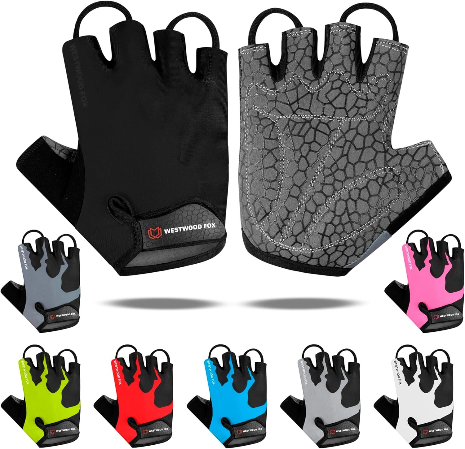 WESTWOOD FOX Cycling Gloves Half Finger Unisex Padded Grips Palm Bicycle Summer MTB Bike Gloves for Men Women Non-Slip Fingerless Short Mountain Bike Sports Hiking Climbing Gym
