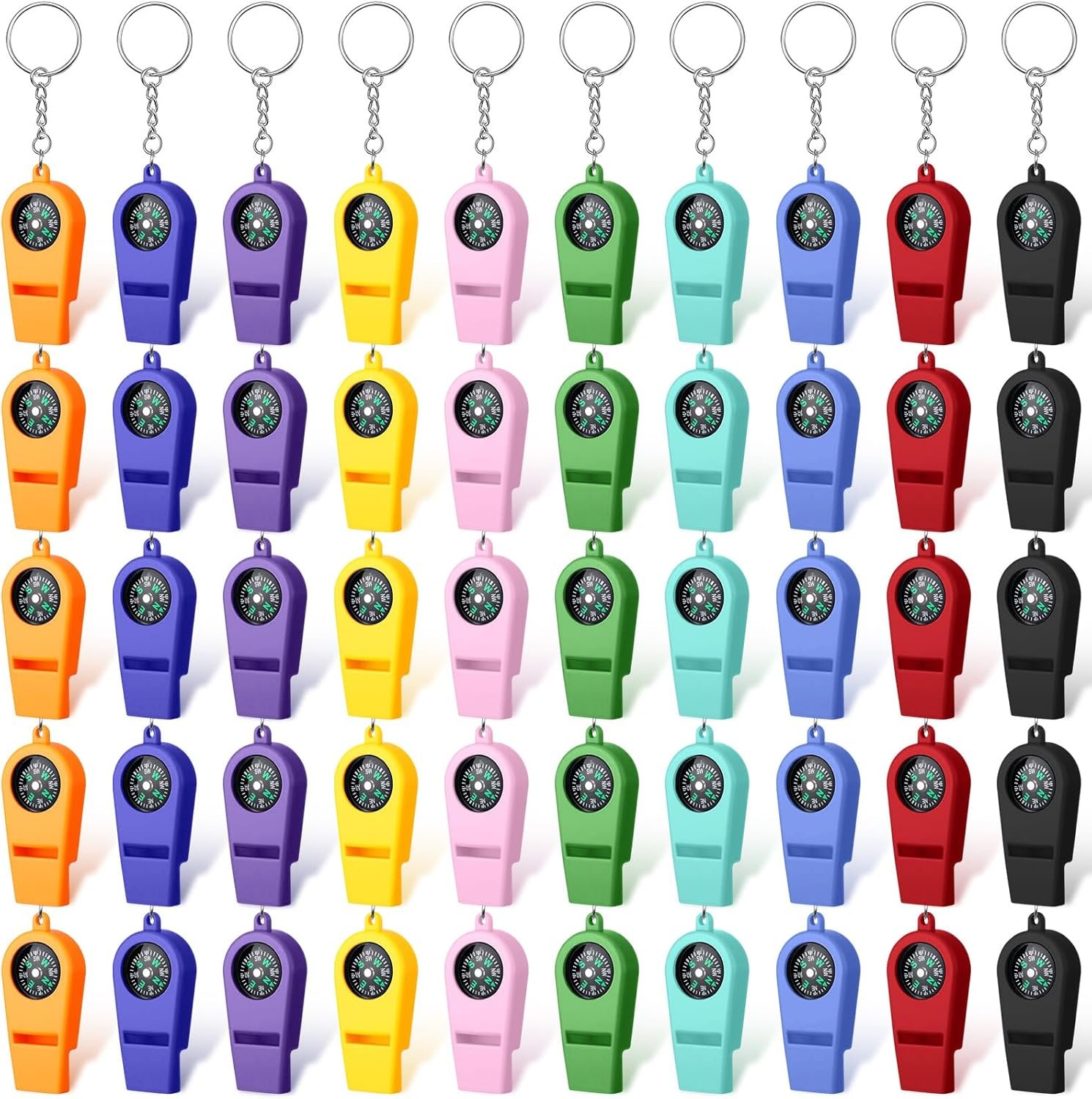Tellegloww 50 Pcs 2 in 1 Compass Whistles with Keychains, Emergency Survival Whistle Bulk, Easy to Carry Loud Safety for Outdoor Hiking Hunting Camping Boating Fishing