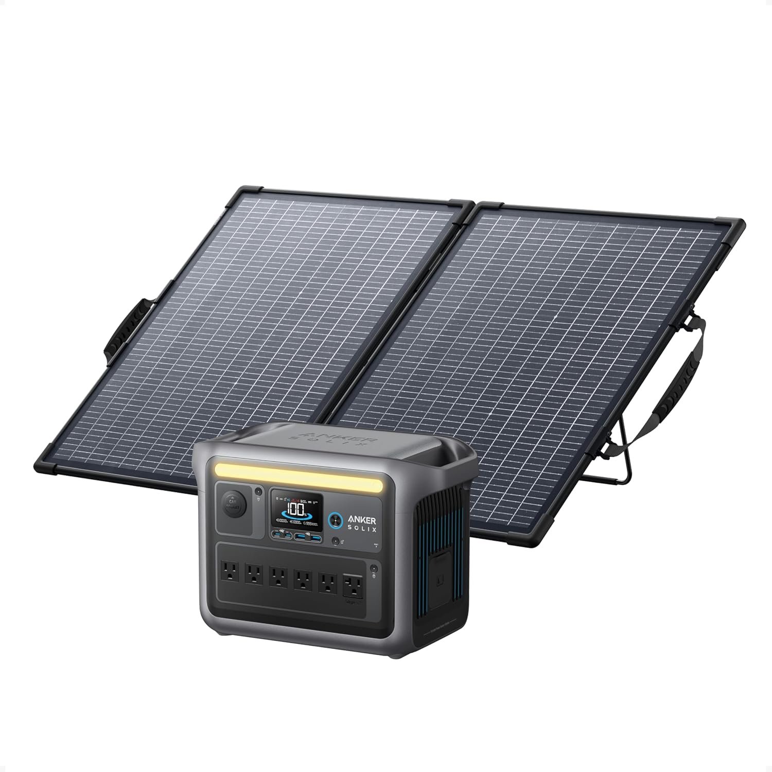 Anker SOLIX C1000 Portable Power Station with 100W Bifacial Solar Panel, 1,800W Solar Generator, 1056Wh LFP (LiFePO4) Battery, 6 AC Outlets, Up to 2400W for Home, Power Outages, and Outdoor Camping