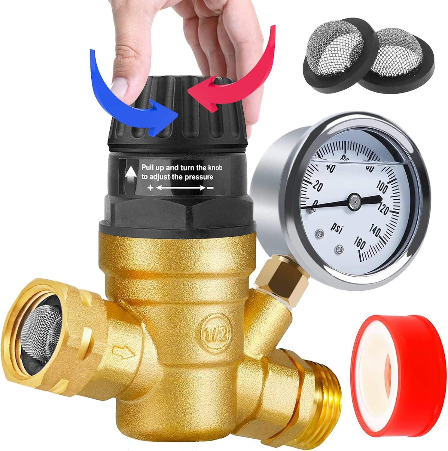RV Water Pressure Regulator with Adjustable Handle,Upgrade Water Pressure Reducer, RV Water Regulator Valve with 2 Inlet Screened Filters, for RV Camper, Travel Trailer (Style 1-Handle Adjustable)…