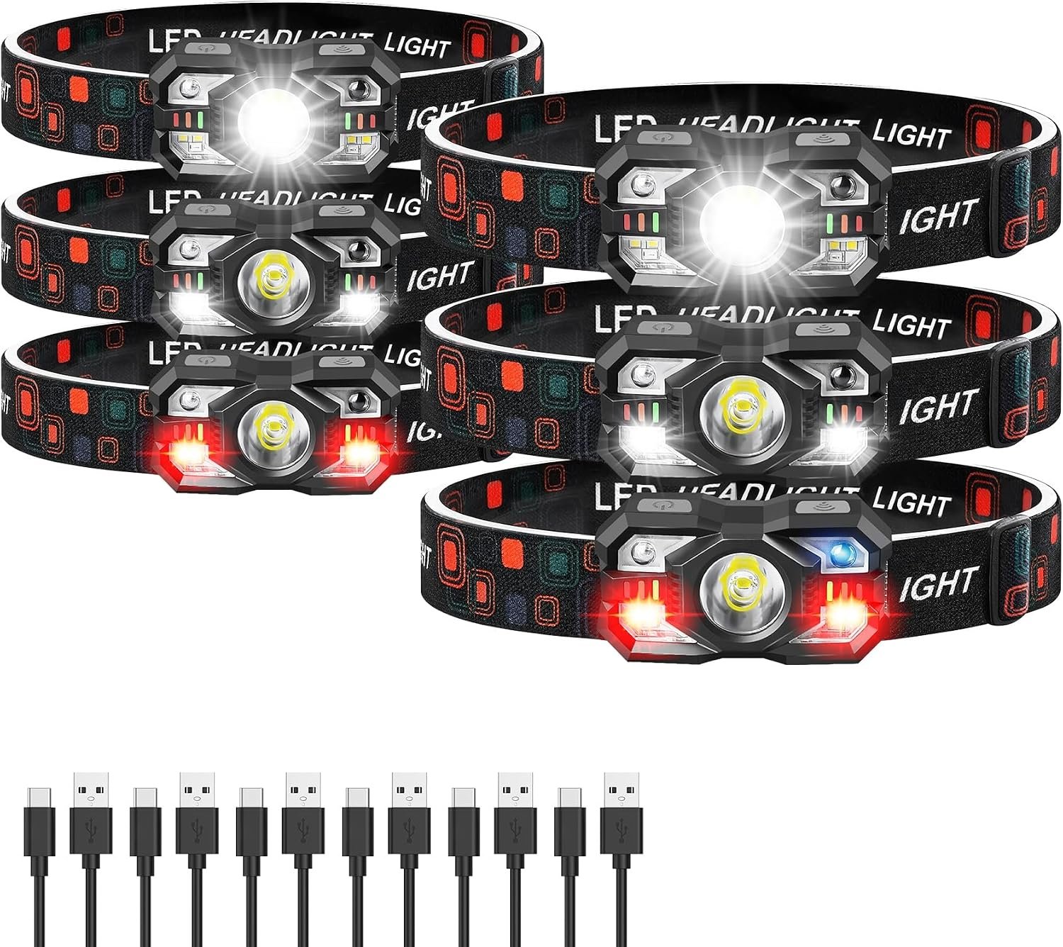 Headlamp Rechargeable 6Pack, 3000 Lumen Ultra-Light Bright Headlamp Flashlight with White Red Light, LED Headlight Motion Sensor, 5+5 Mode for Outdoor Camping Fishing Running Hiking (6)