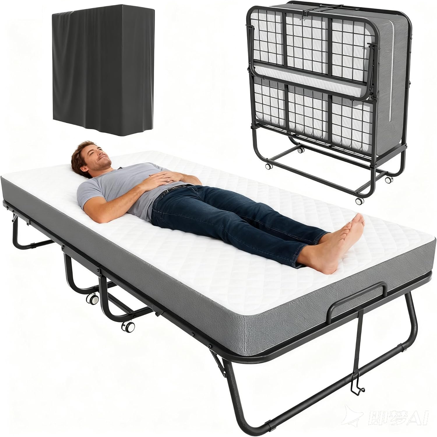 Pataku Folding Bed with Mattress, Twin Foldable Bed, Roll Away Beds for Adults, 75″ x 31″ Roll Away Portable Beds with 5″ Mattress, Folded Frame for Small Apartment, Guest Room
