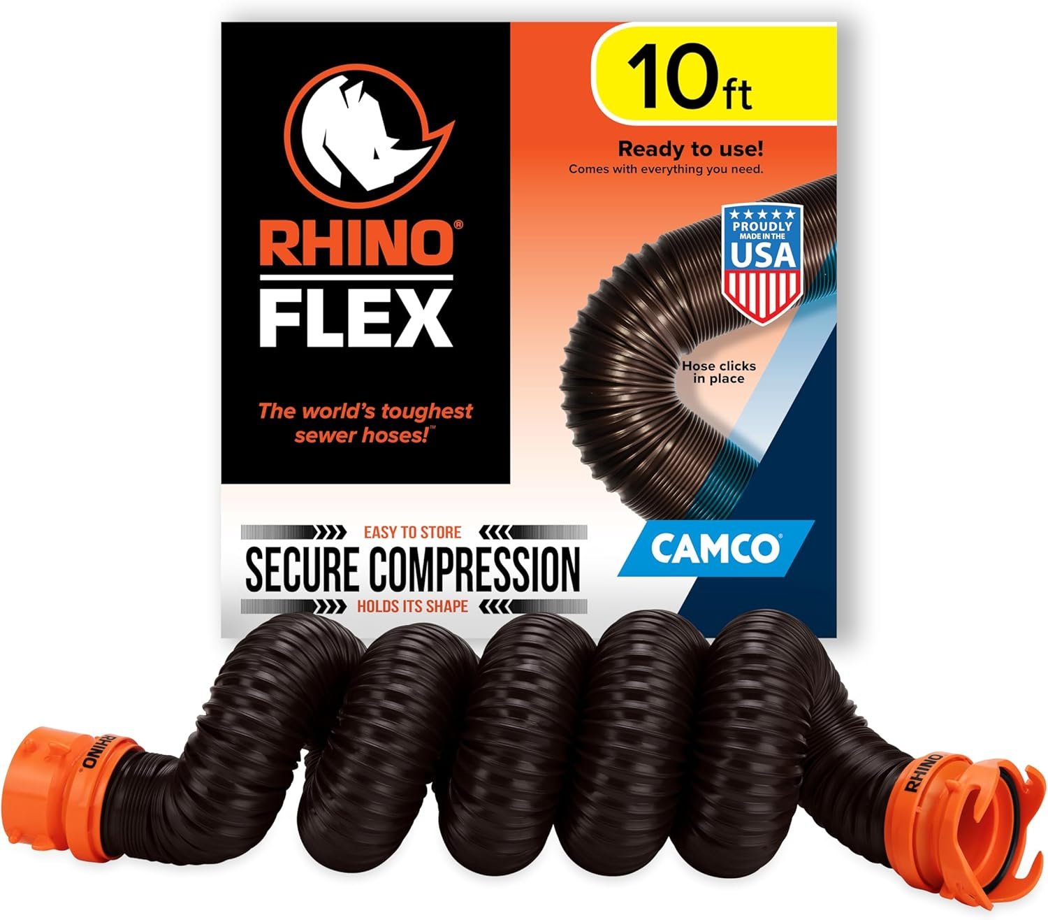 Camco RhinoFLEX 10-foot RV Sewer Hose Extension – Features Collapsible Design for RV Storage – Includes Pre-Attached Lug & Bayonet Fitting -Heavy Duty Polyolefin & Reinforced w/Steel Wire (39774)