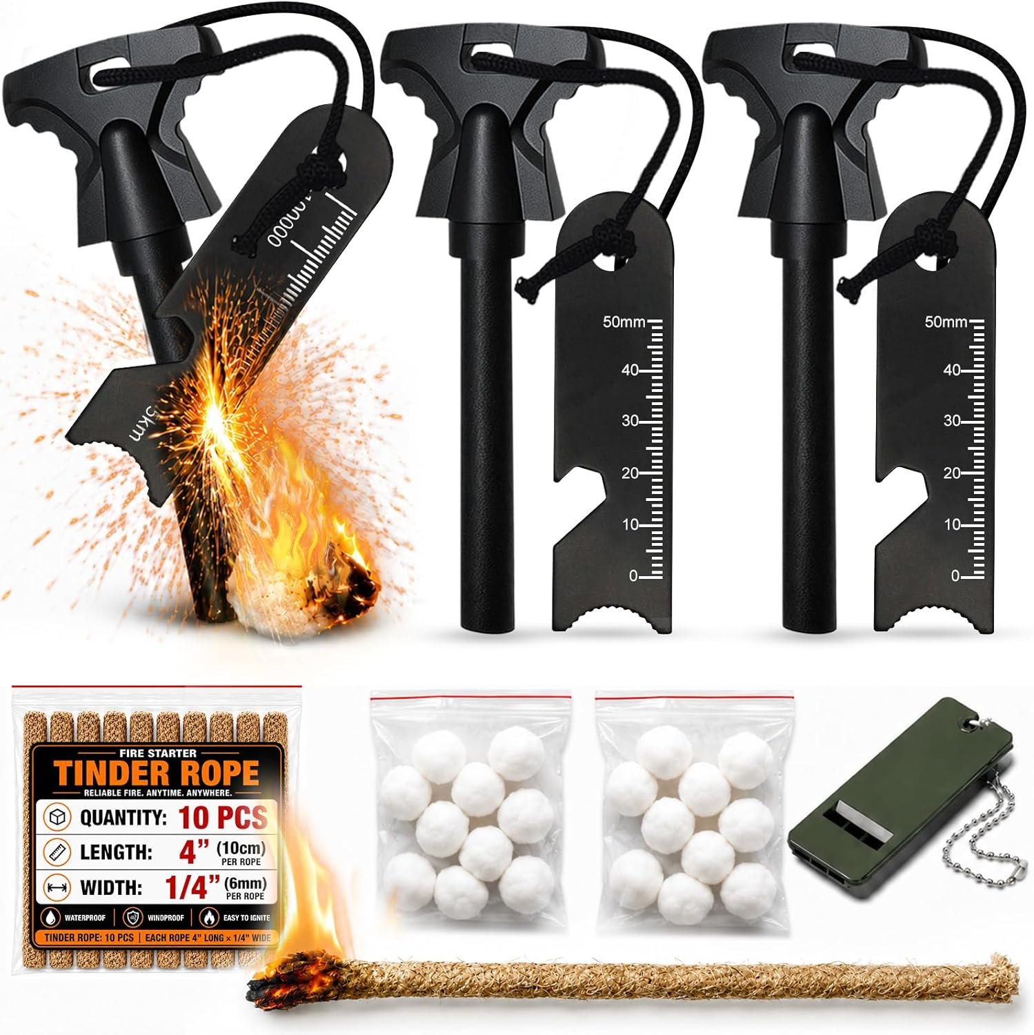 34PCS Fire Starter Survival Kit with 3 Ferro Rods & Striker Tinder | 20 Waterproof Tinder Balls, 10 Fire Ropes & Survival Whistle, All-Weather Emergency Gear for Camping, Hiking & Bushcraft