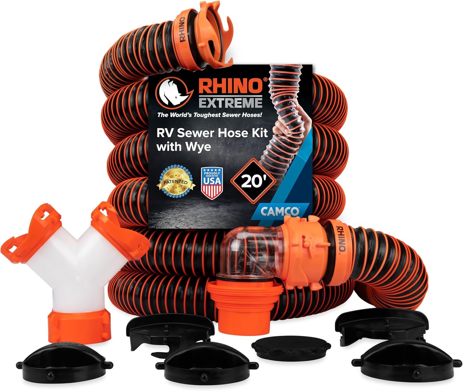 Camco RhinoEXTREME 20’ Camper/RV Sewer Hose – RV Accessories Include 360° Clear Swivel Wye Fitting & Removable 4-in-1 Adapter for Storage and Organization & More – TPE Tech for Durability (21056)
