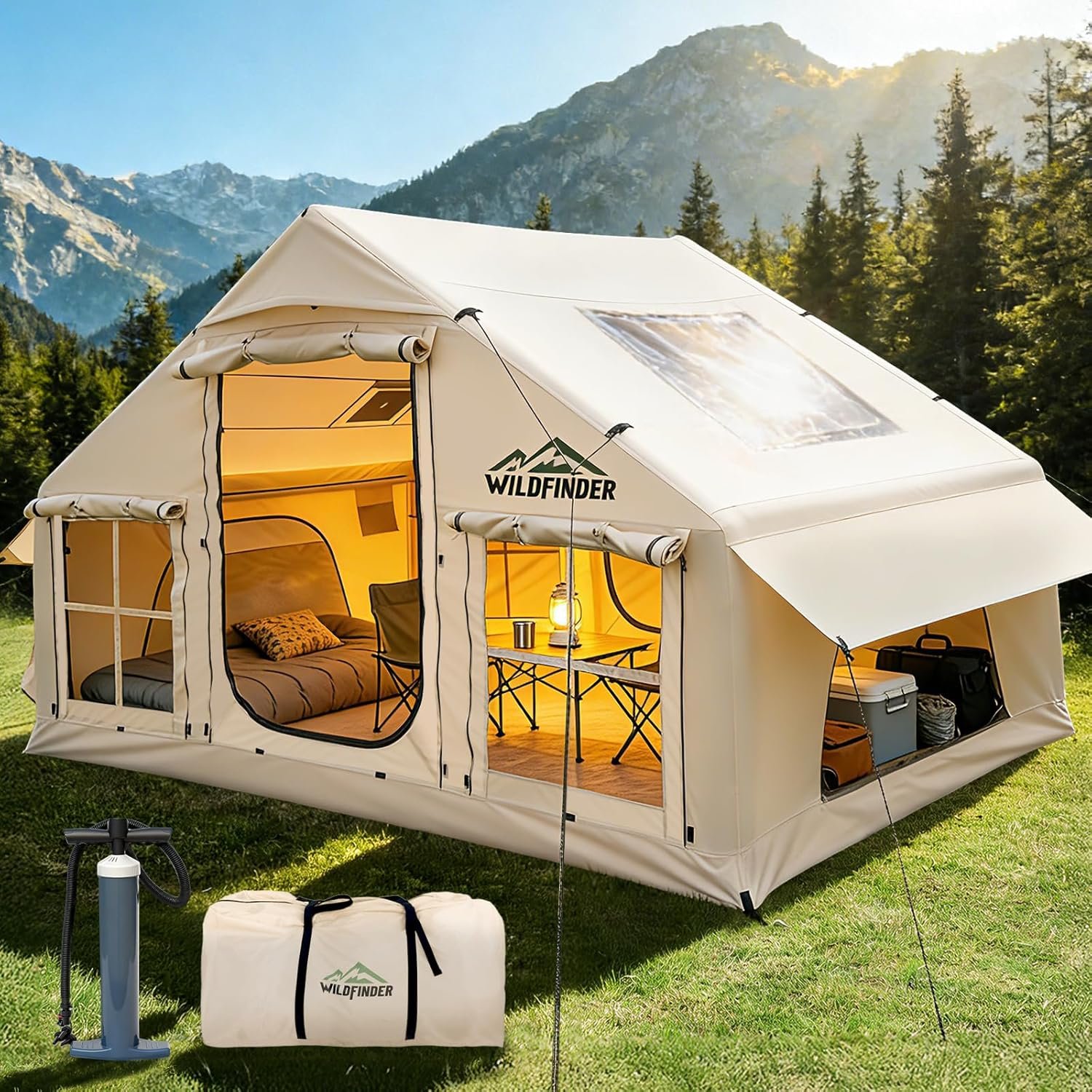 Inflatable Tent with Skylight, Quick Setup Blow Up Tents with Pump, Hot Tent with Stove Jack, Waterproof Oxford Inflatable House for Camping, Air Glamping Tents for Camping Adult