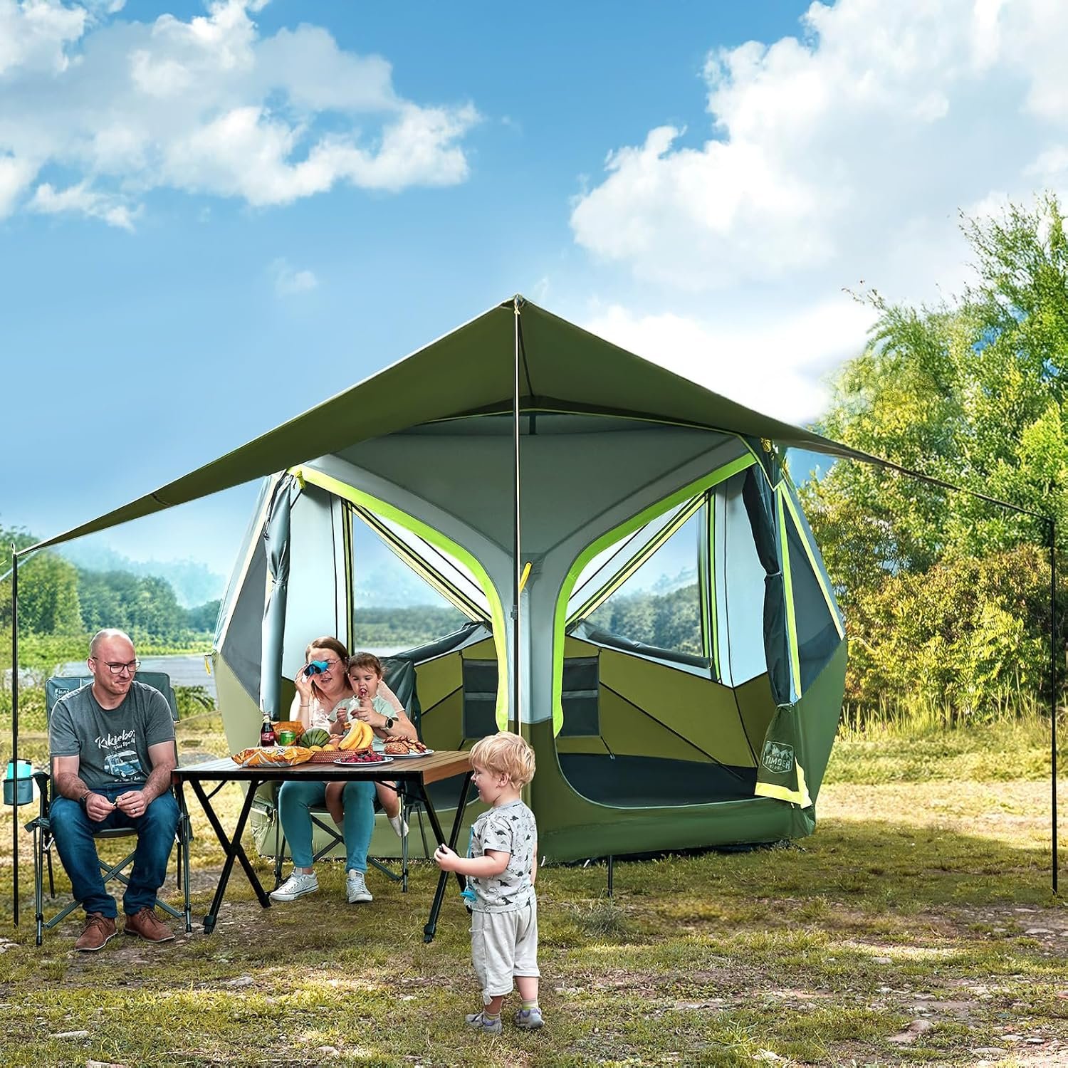 TIMBER RIDGE 4/6/8 Person Instant Pop Up Cabin Tent, Easy 60 Second Setup, Weather Resistant Camping Family Hub Tent with Rain Fly and Carry Bag for Outdoor Camping & Overlanding