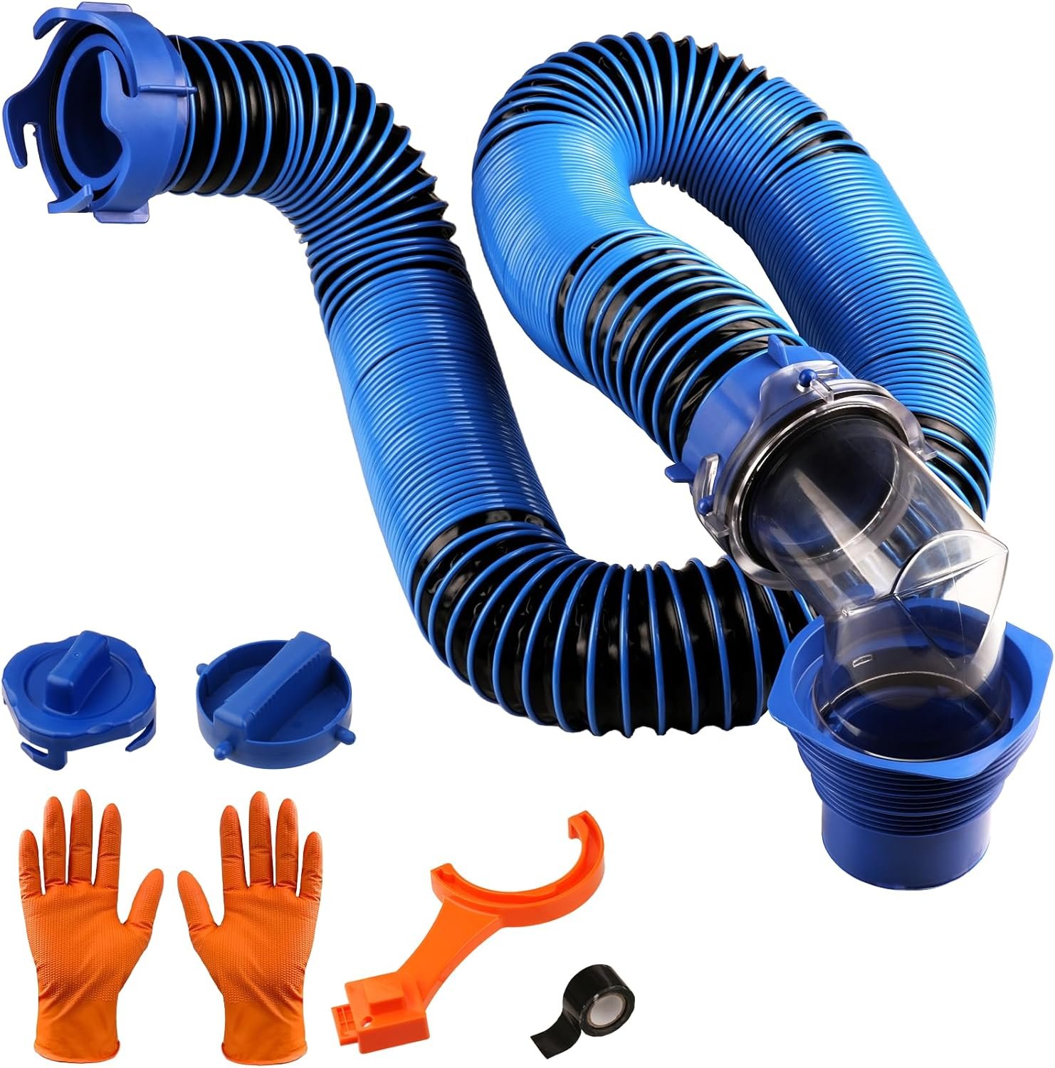 SheeChung 10FT RV Sewer Hose Kit, Sewer Hose for RV Camper, Heavy-Duty Camper Waste Hose with Leak-Proof Swivel Fittings, 90° Clear Elbow, 2 Storage Caps, TPE Tech for Crush-Proof and UV-Resistant