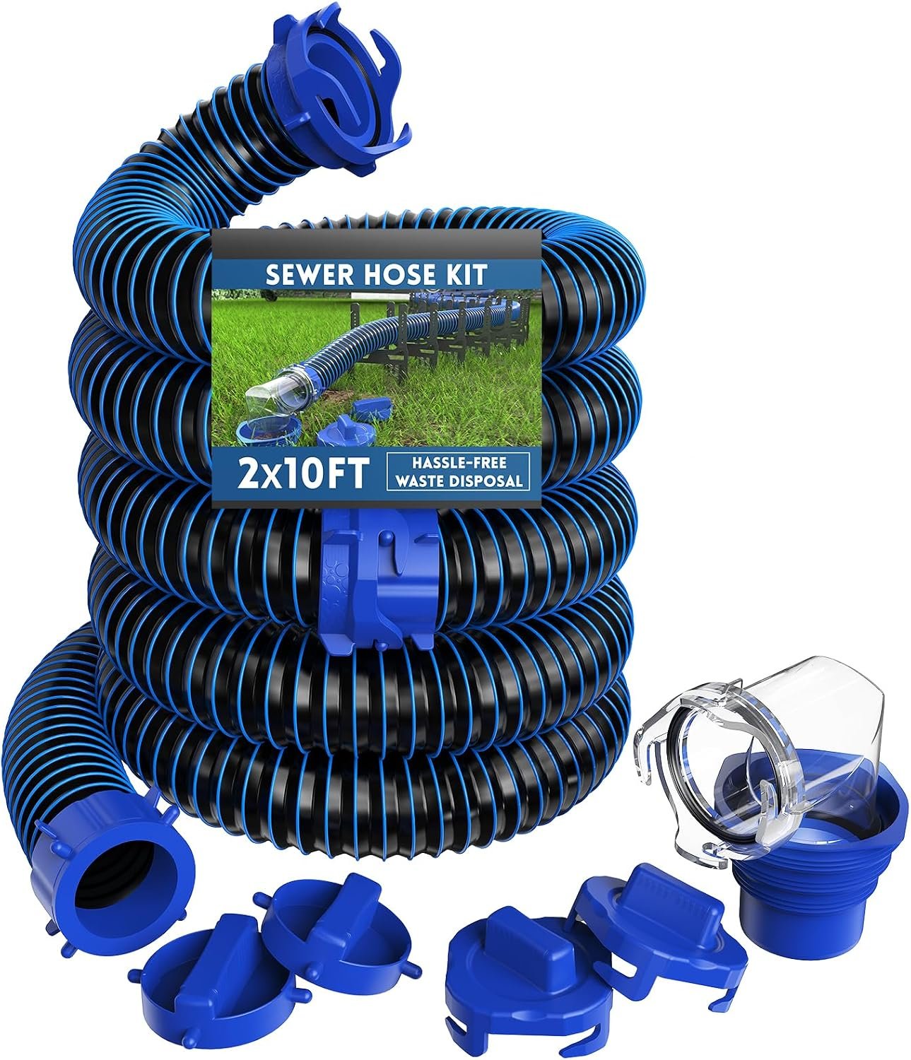 DUMPMAN RV Sewer Hose Kit, 2 * 10 Ft Sewage Hose | Septic Hose with Swivel Fitting, Clear Sewer Hose Elbow, 4 Storage Caps, for RV/Camper