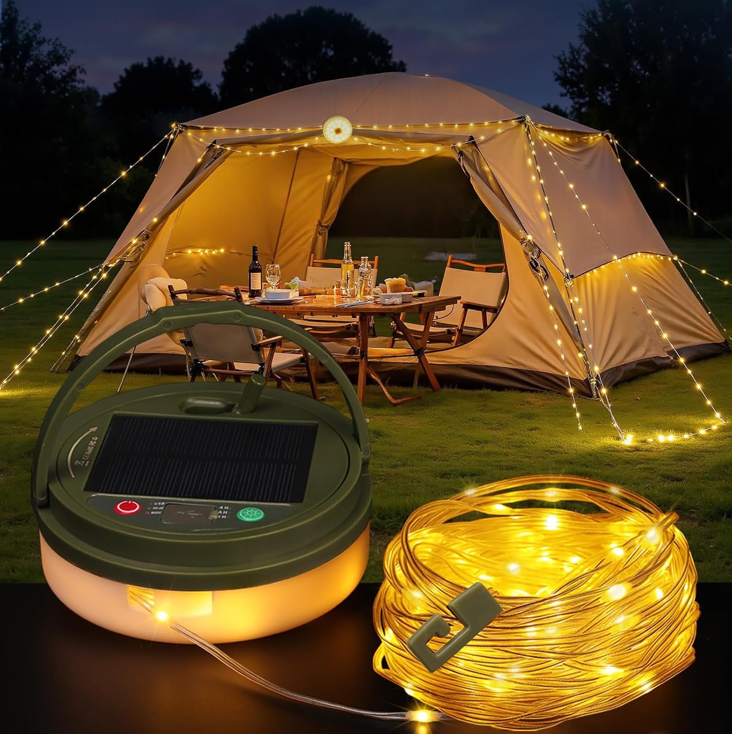 Solar Camping String Lights, 33FT 100LED Quick Storage Rechargeable Tent Lights with 9 Lighting Modes, Portable Camping Fairy Lights Waterproof for Outdoor Patio Garden Party Decorations