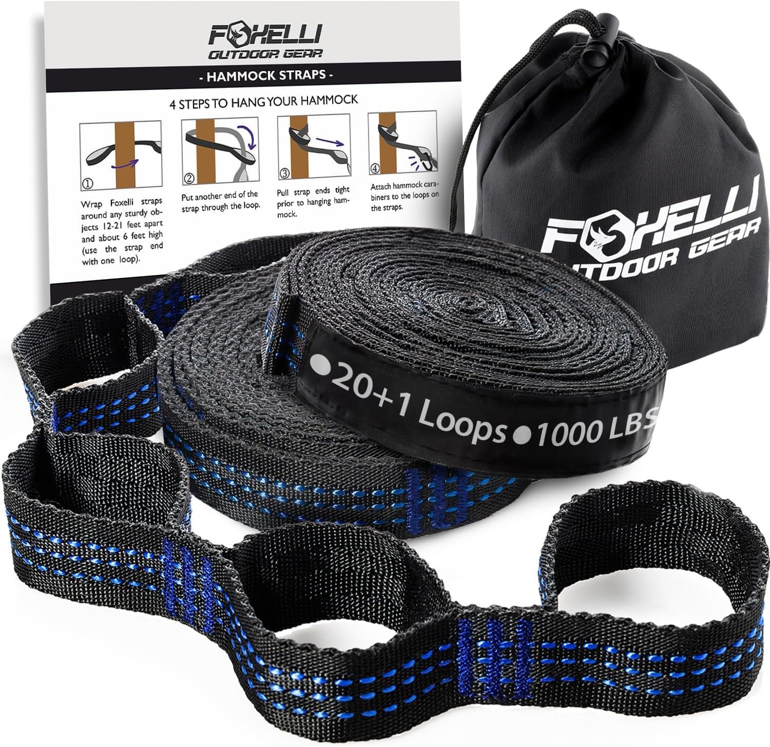 Foxelli XL Hammock Straps – Extra Long 20FT Heavy Duty No-Stretch Suspension System, 40+2 Loops, 2000 LBS Capacity, for Indoor/Outdoor Use – Set of 2 Straps & Carry Bag