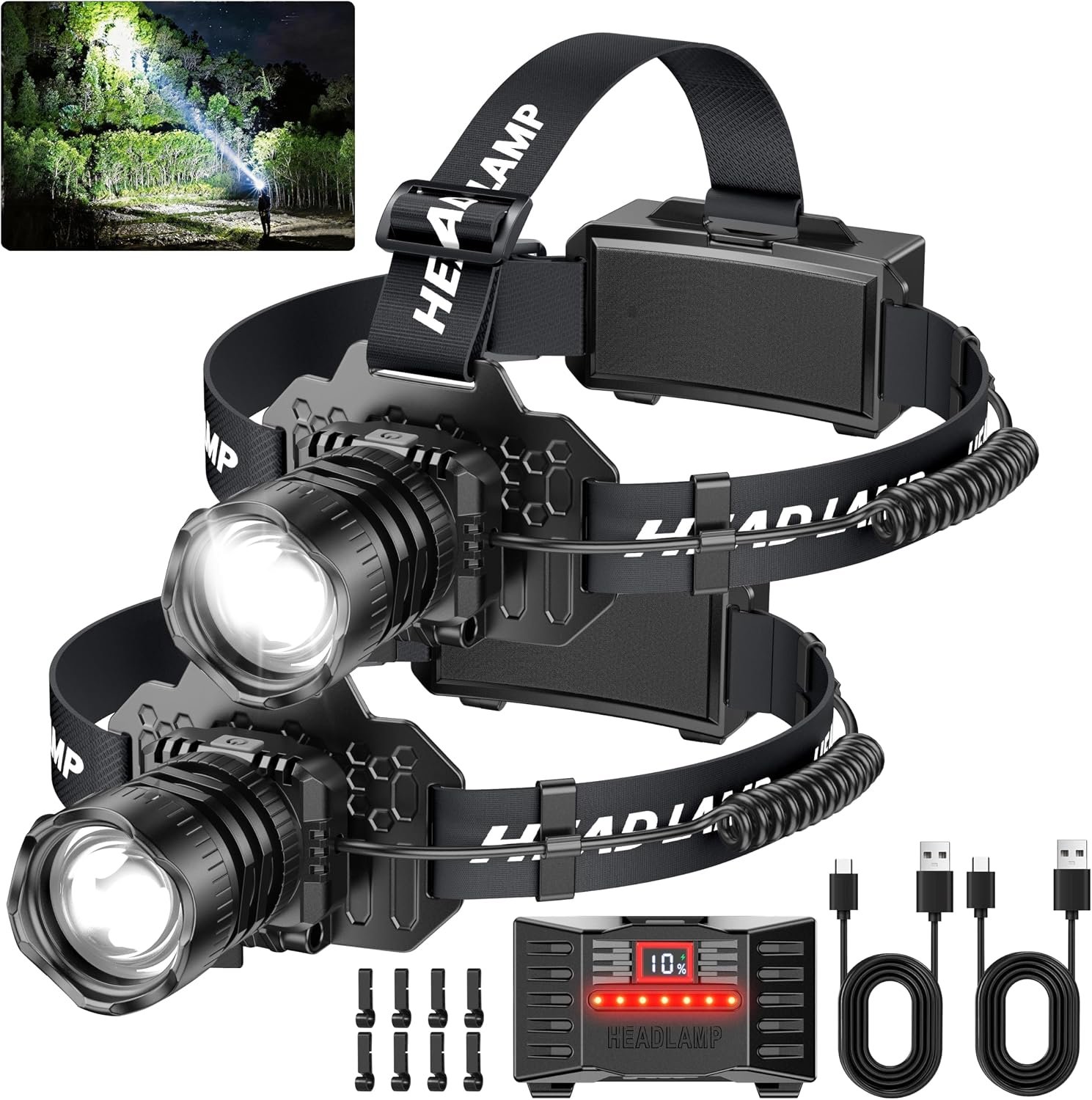 Curtsod Rechargeable LED Headlamp 2-Pack – 99000 Lumens Super Bright with Motion Sensor & 90° Rotation – Waterproof Headlight for Camping, Hiking, Running – 3 Light Modes