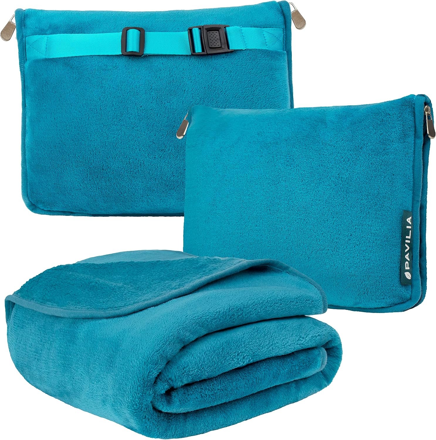PAVILIA Travel Blanket Pillow, Soft Airplane Blanket 2-IN-1 Combo Set, Plane Blanket Compact Packable, Flight Essentials Car Pillow, Travelers Gifts Accessories Luggage Backpack Strap, 60×43 Teal Blue