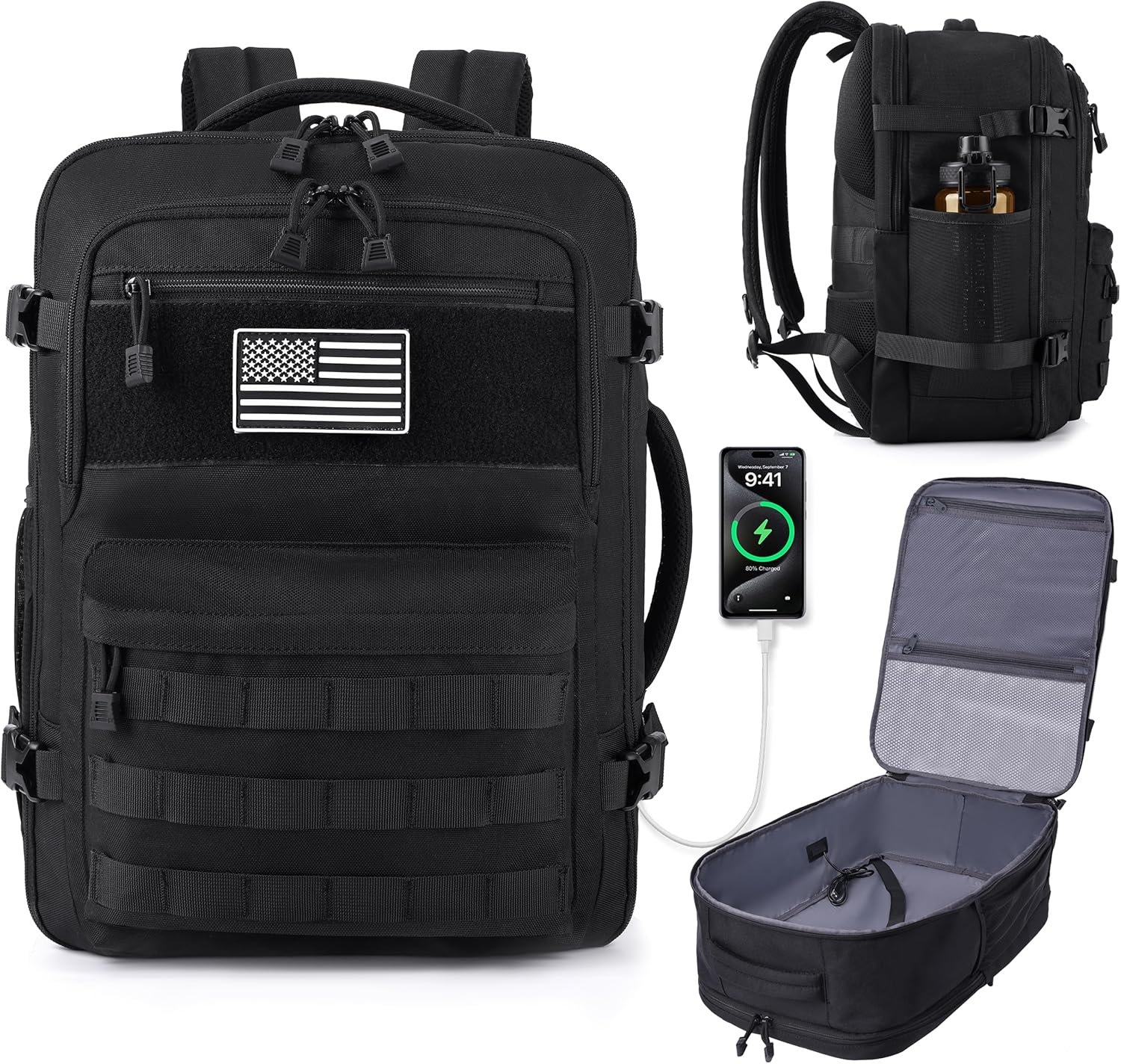 MOZETO TSA Approved Carry On Backpack, Extra Large Tactical Travel Backpack for Men, Airplane Approved Weekender Bag for Flight (Black)
