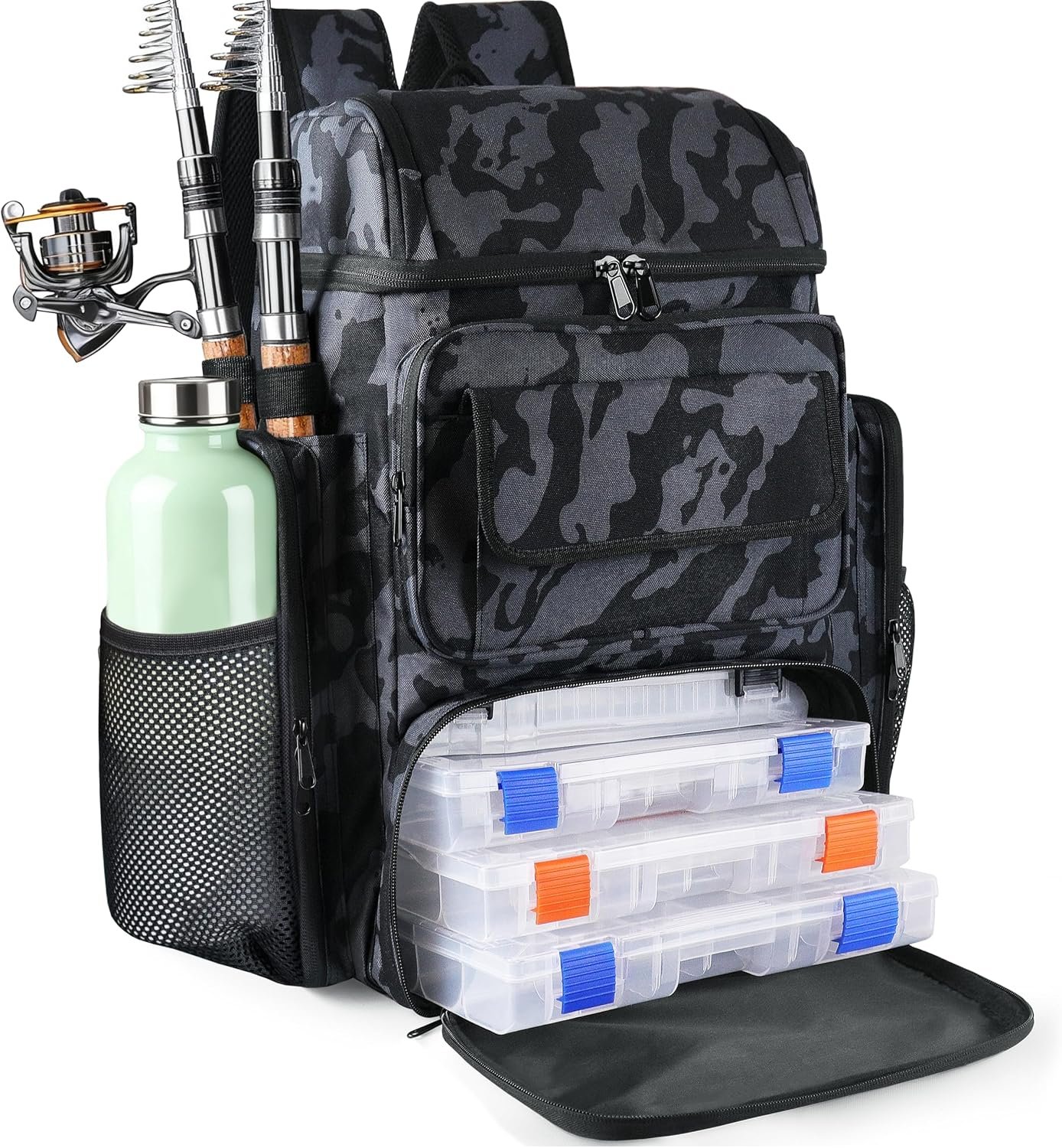 Fishing Tackle Backpack With Rod Holders, 45L Large Tackle Bag & Fishing Tackle Backpack for Fishing, Camping, Hiking,Camouflage