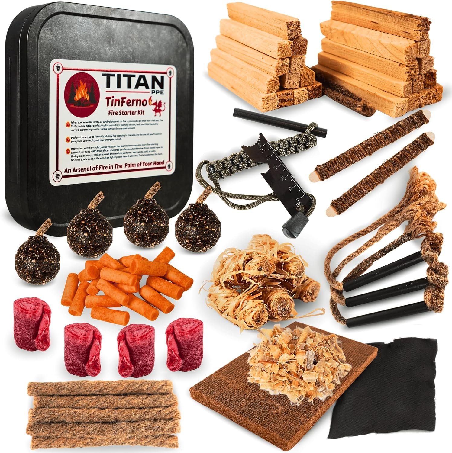 TinFerno Fire Starting Kit – 100pc Fire Starter for Campfires, Ferro Rod, Magnesium Flint, Char Cloth, Fatwood, Fire Kit, Camping, Bushcraft & Survival – Emergency Fire Starter Kit With Fire Tray