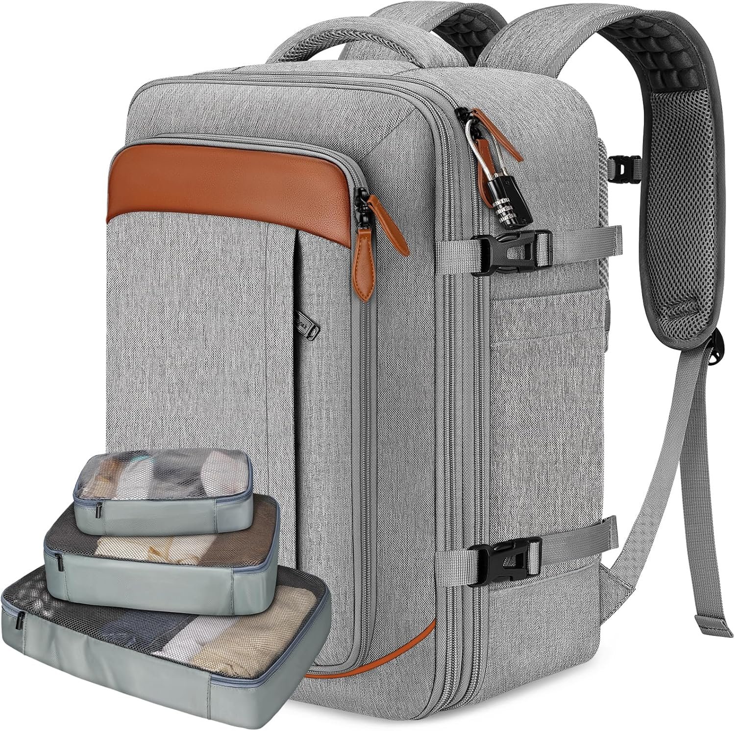 Vancropak Carry on Backpack, Flight Approved 18x14x8 Travel Backpack with 3 Packing Cubes, Expandable Large 40L Travel Bag fits 17.3″ Laptop, Anti Theft Luggage Suitcase Weekend for Women Men, Grey