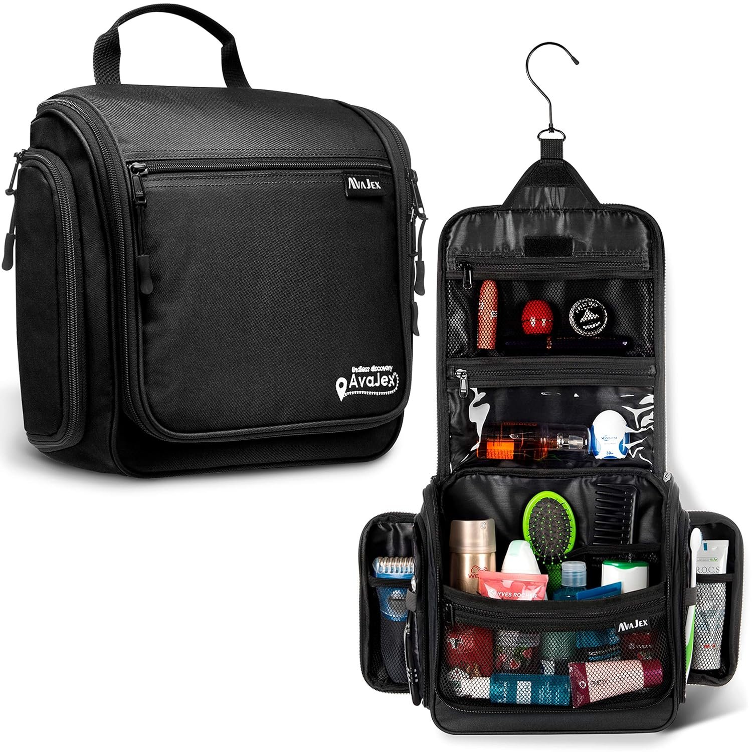 AvaJex Travel Toiletry Bag for Men – Large Dopp Kit (10.6″x10.6″x3.2″) – Hanging Waterproof Mens Hygiene Organizer Bag with XXL Metal Swivel Hook, Sturdy Zippers and 19 Compartments for Toiletries