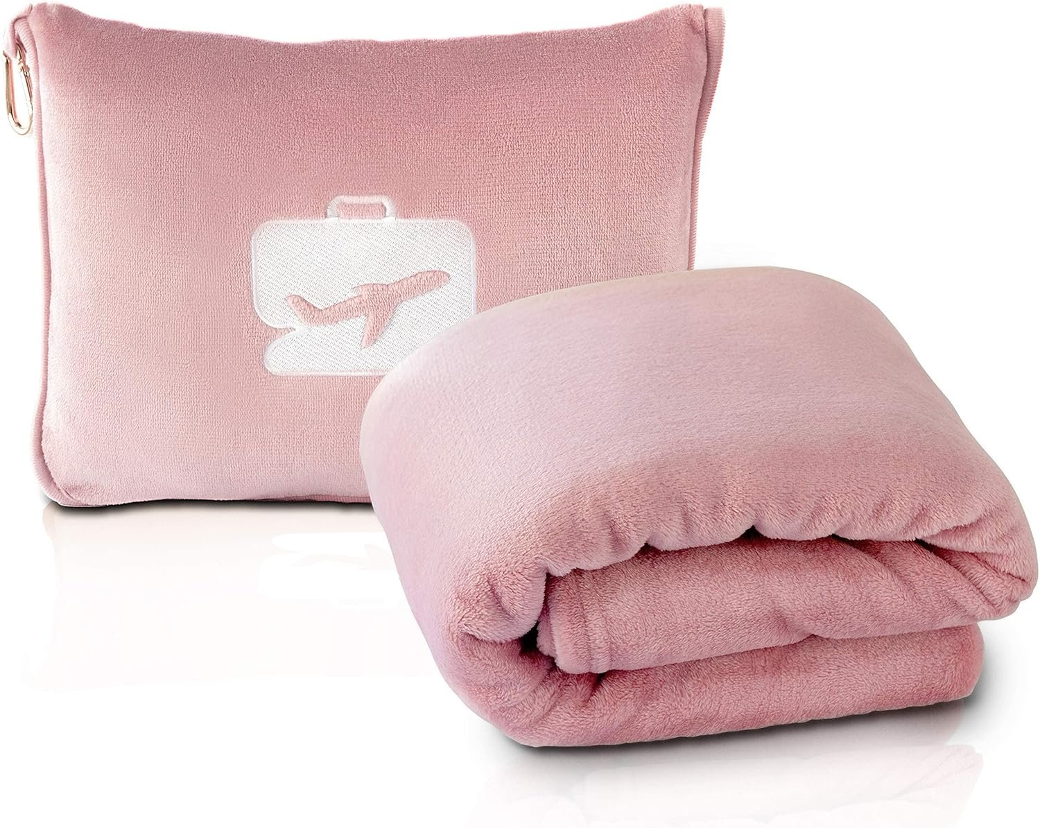 EverSnug Travel Blanket and Pillow – Premium Soft 2 in 1 Airplane Blanket with Soft Bag Pillowcase, Hand Luggage Sleeve and Backpack Clip (Light Pink)