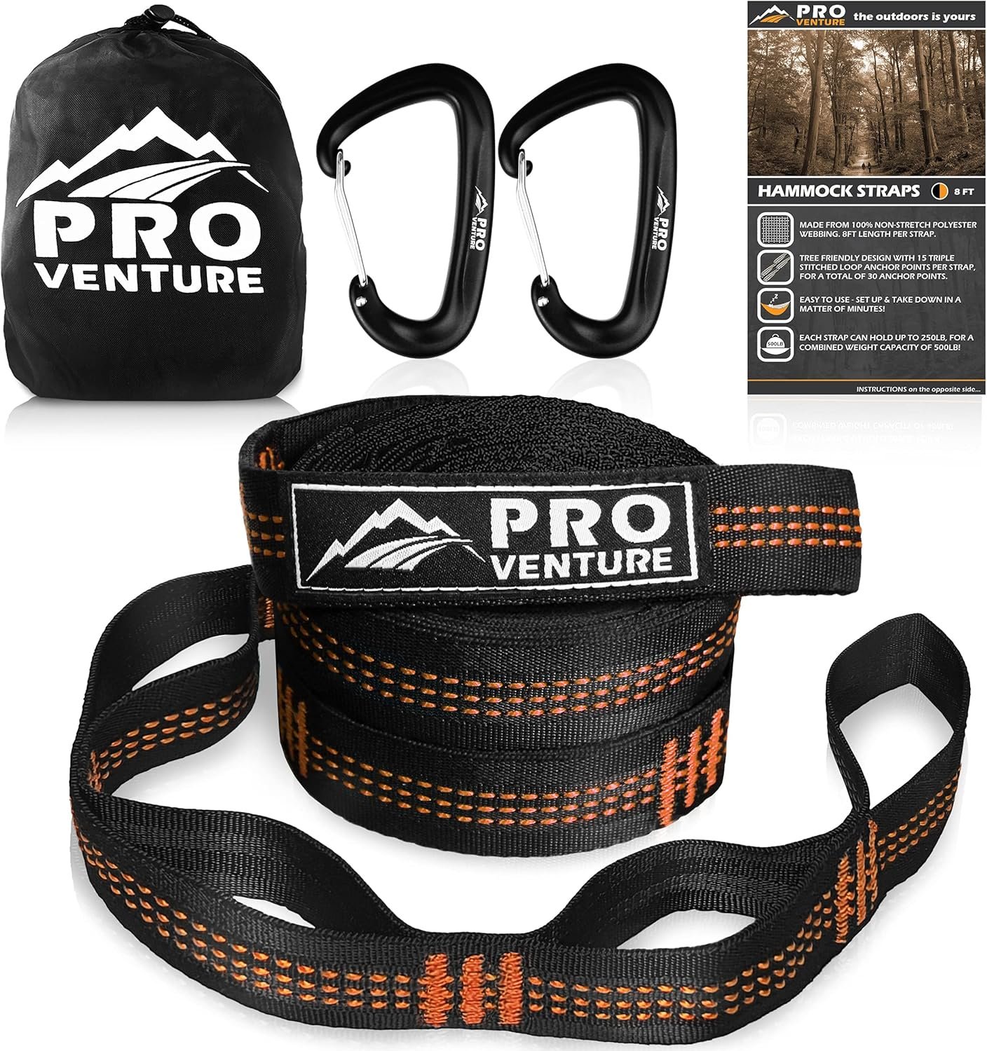 Hammock Straps and 2 Carabiners, 30+2 Loops, 1200lbs Breaking Strength (500lbs Rated) | 100% Non-Stretch, Lightweight, Portable Camping – Quick, Easy Setup | Heavy Duty + Tree Friendly